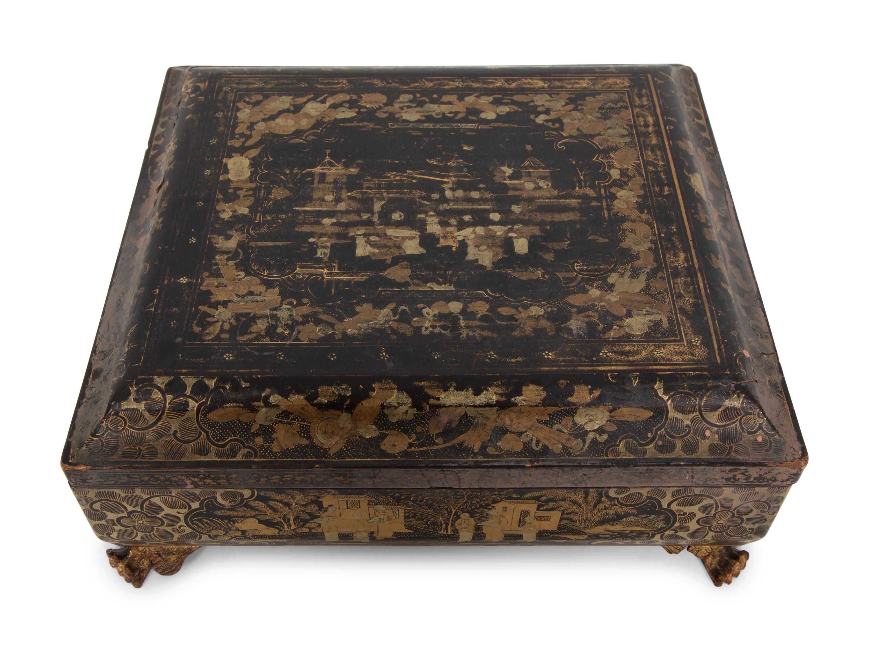 An English Chinoiserie Black and Gilt Laquer Game Box