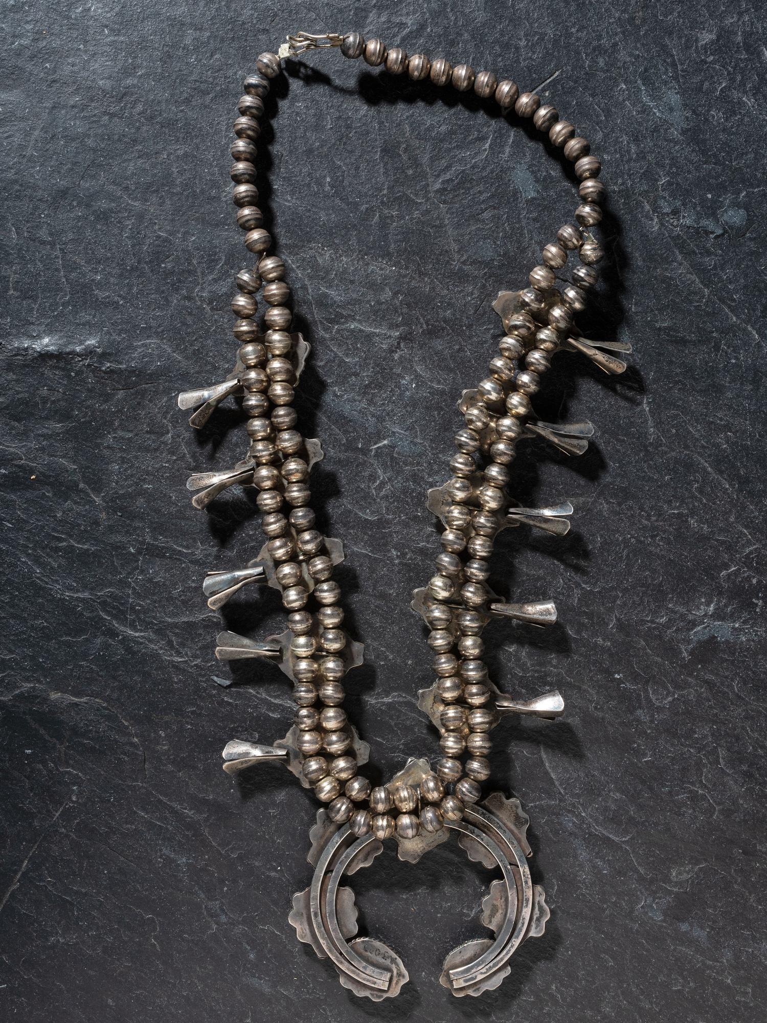 Navajo Silver and Turquoise Squash Blossom Necklace