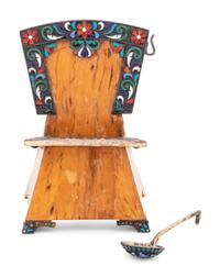 A Russian Silver, Cloisonné Enamel and Birch Throne Salt