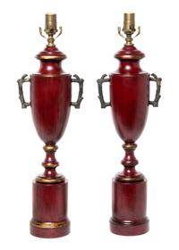A Pair of Painted Table Lamps Height 25 1/2 inches.