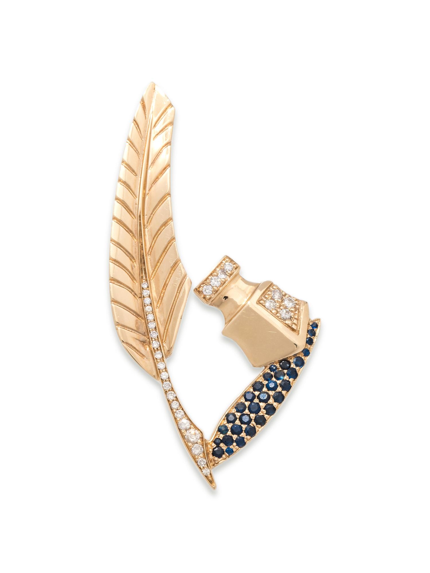 YELLOW GOLD, SAPPHIRE AND DIAMOND QUILL AND INK BROOCH
