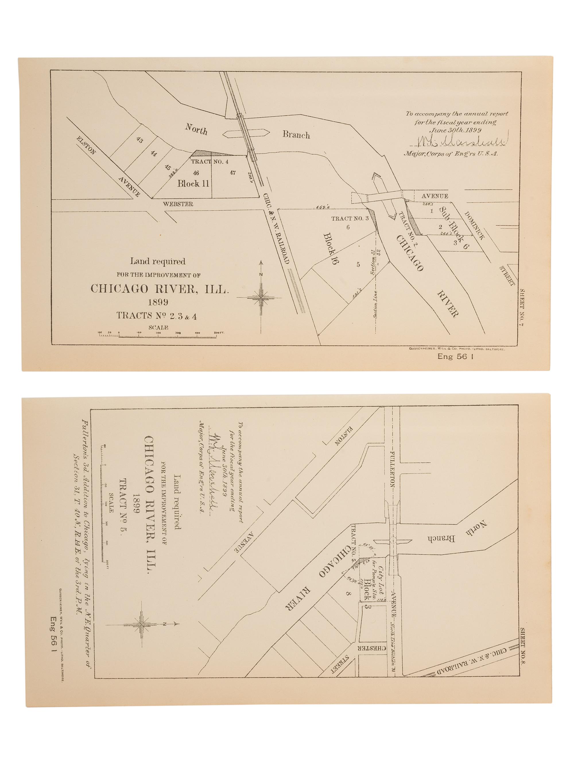[MAPS & ATLASES -- CHICAGO]. A group of 13 maps depicting the Chicago River and Chicago Harbor, comprising: