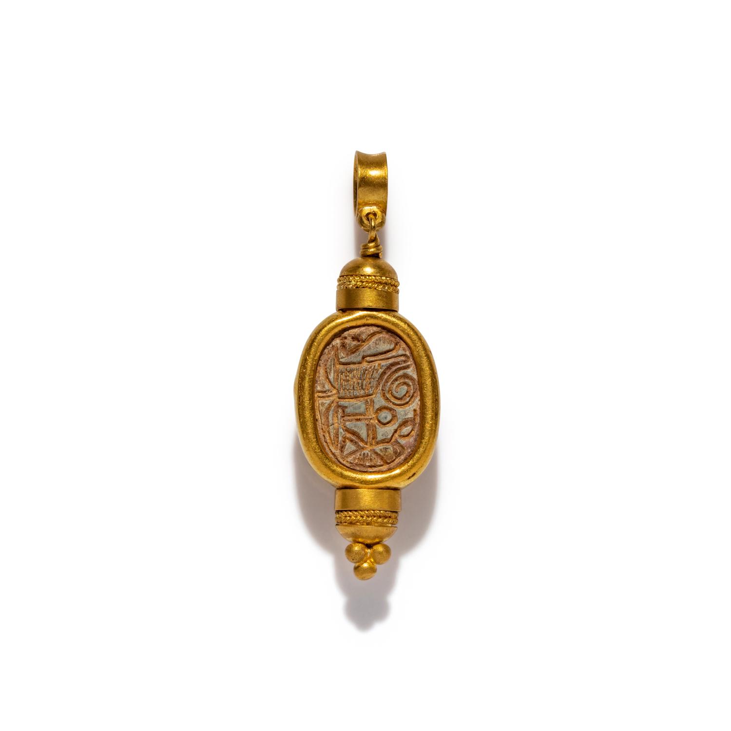An Egyptian Gold and Blue Faience Scarab Pendant — with modern gold additions