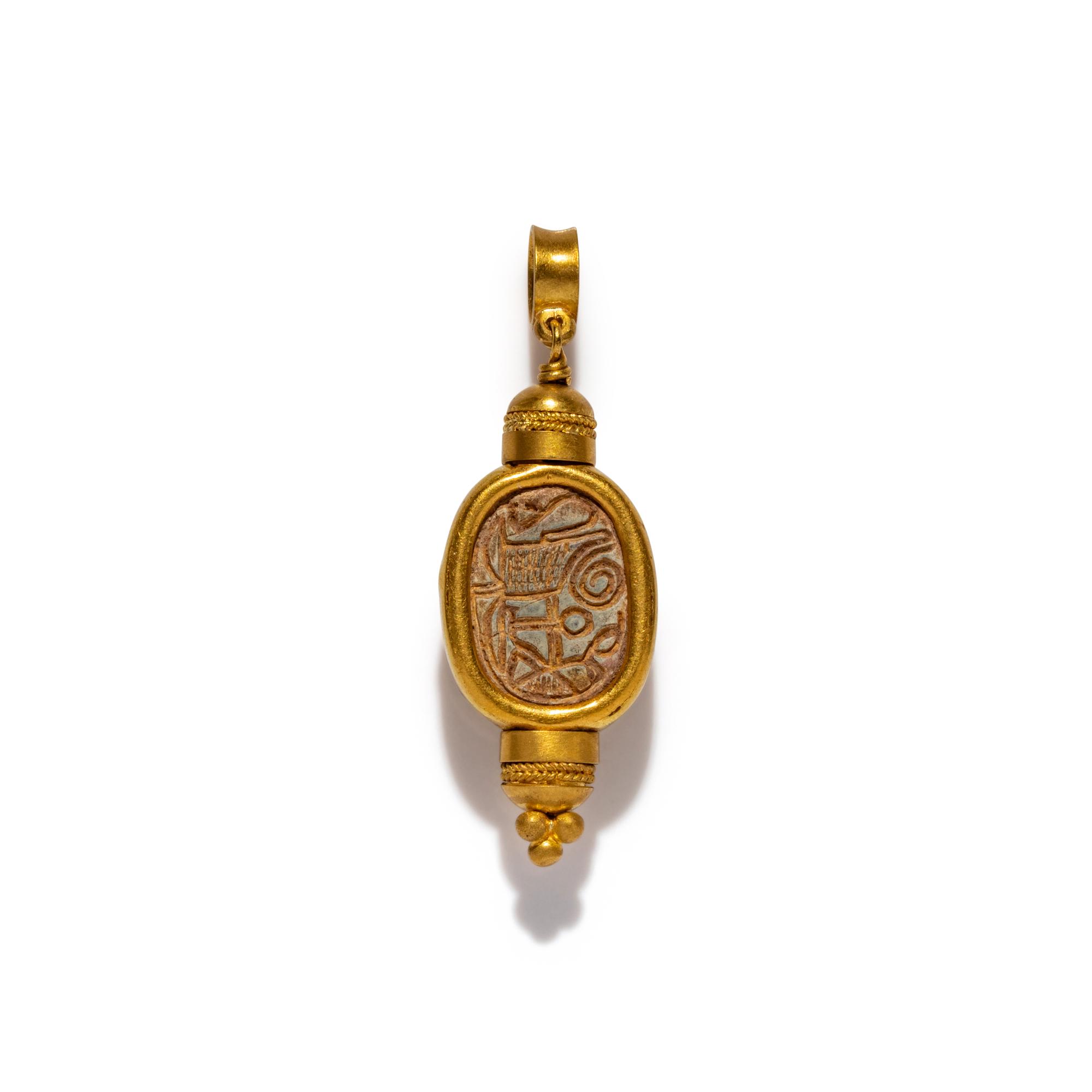 An Egyptian Gold and Blue Faience Scarab Pendant — with modern gold additions