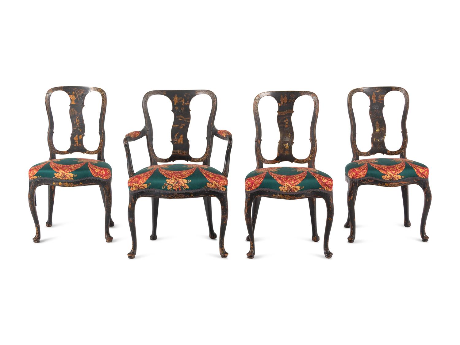 A Set of Four George II Style Black Japanned Dining Chairs