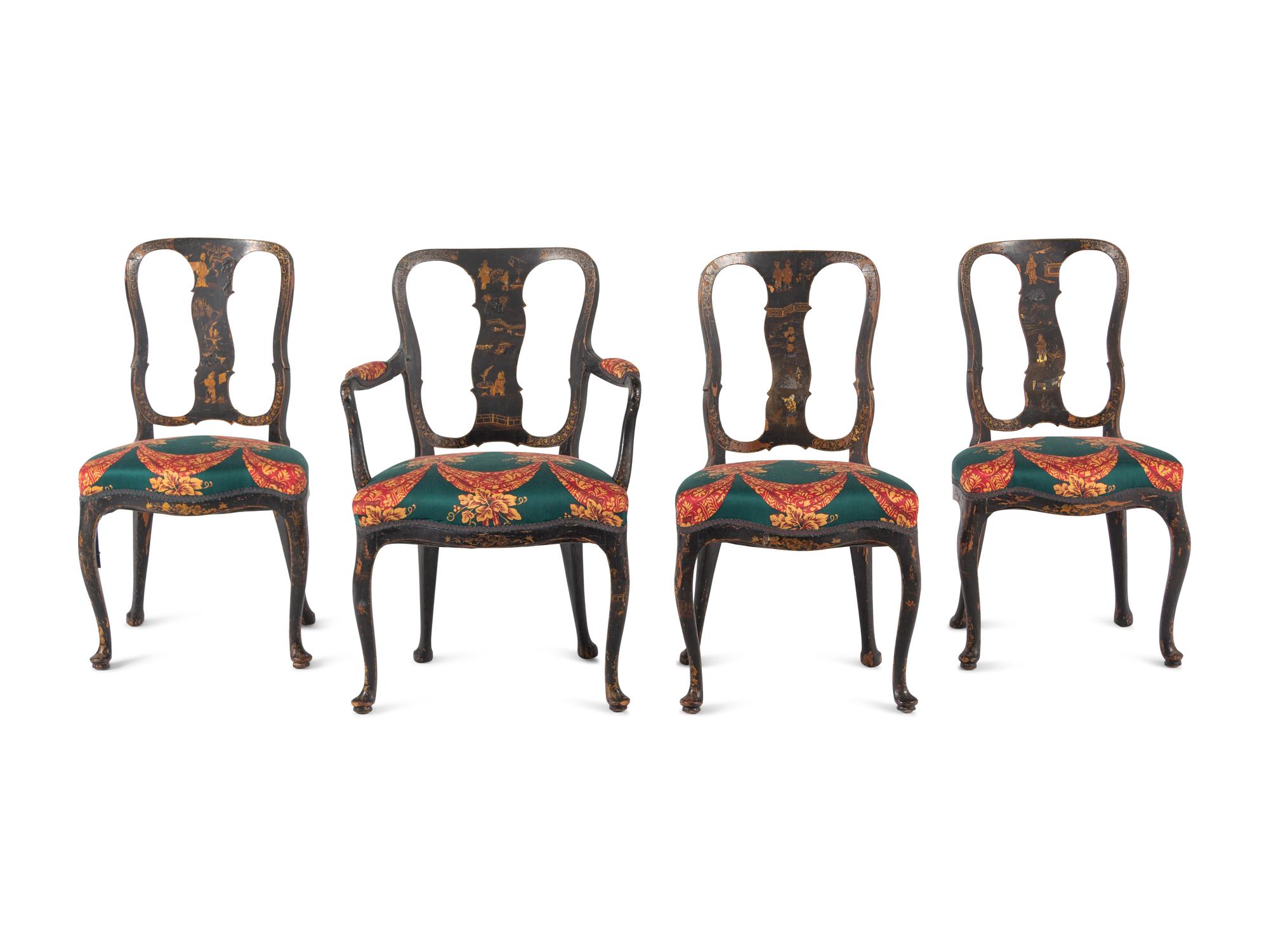 A Set of Four George II Style Black Japanned Dining Chairs