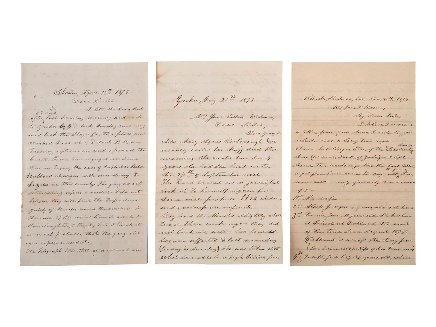 [WESTERN AMERICANA]. The Rosborough family archive, including letters relating to the California Gold Rush, the Modoc War, the Klondike Gold Rush, and early settlement and mining operations in Idaho Territory, Utah Territory, Nevada, and Texas.