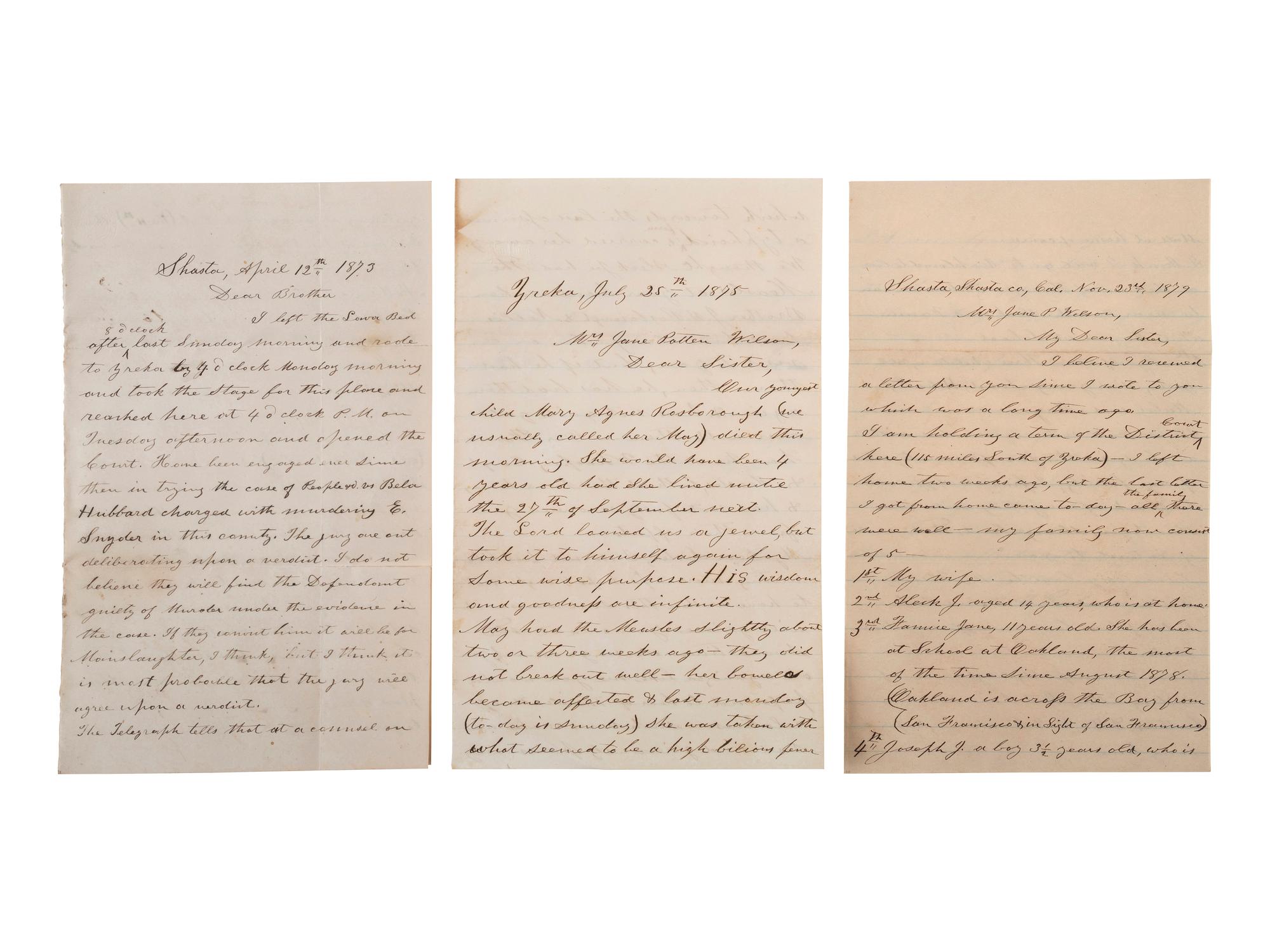 [WESTERN AMERICANA]. The Rosborough family archive, including letters relating to the California Gold Rush, the Modoc War, the Klondike Gold Rush, and early settlement and mining operations in Idaho Territory, Utah Territory, Nevada, and Texas.