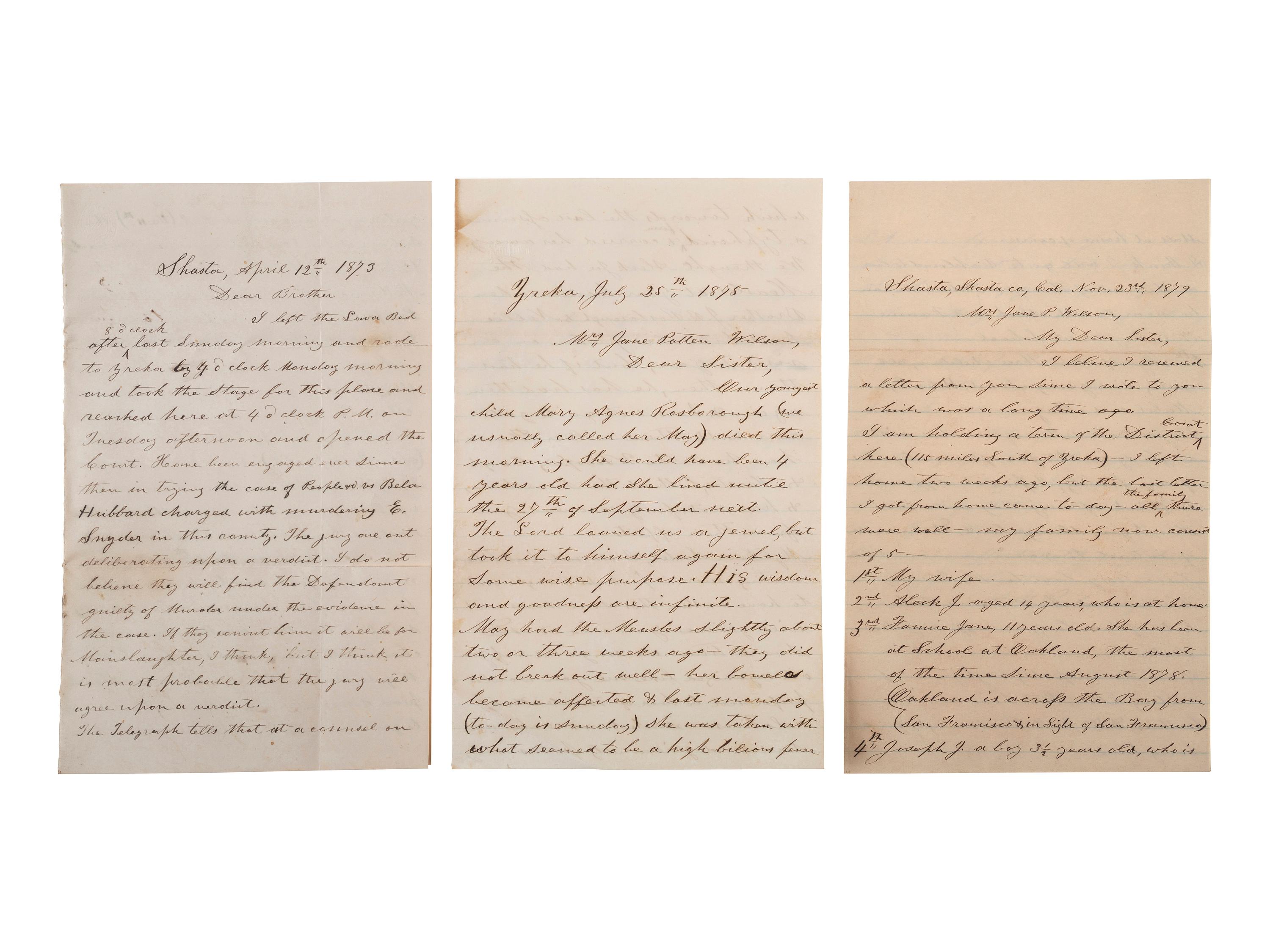 [WESTERN AMERICANA]. The Rosborough family archive, including letters relating to the California Gold Rush, the Modoc War, the Klondike Gold Rush, and early settlement and mining operations in Idaho Territory, Utah Territory, Nevada, and Texas.