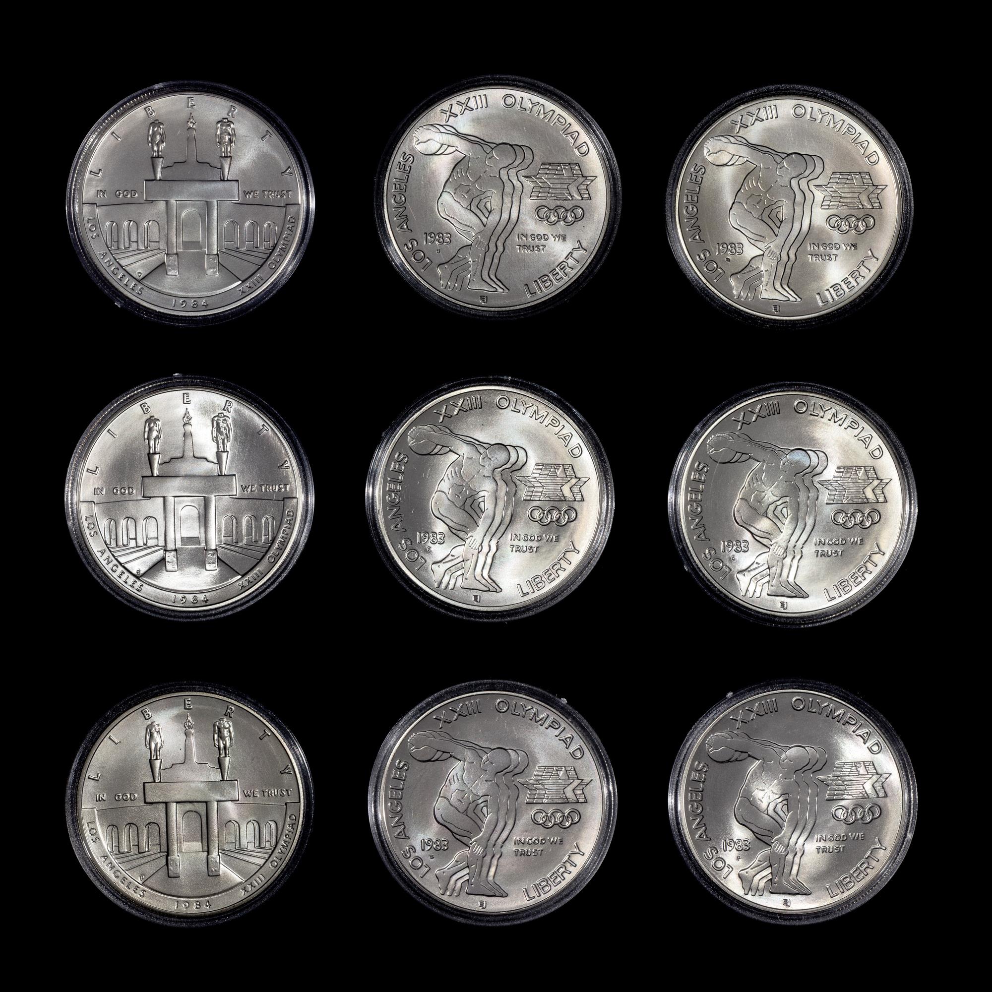 * A Group of Three United States 1983-P,S,D Los Angeles Summer Olympiad Silver Dollar Set