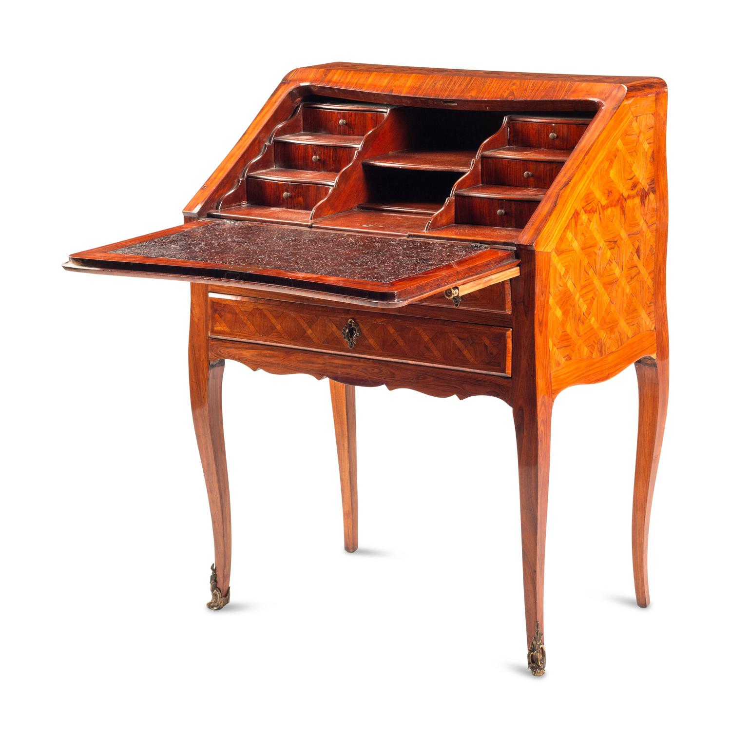 A Louis XV Style Tulipwood Parquetry Bureau en Pente