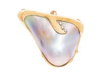 A 14 Karat Yellow Gold, Mother-of-Pearl and Diamond Brooch,