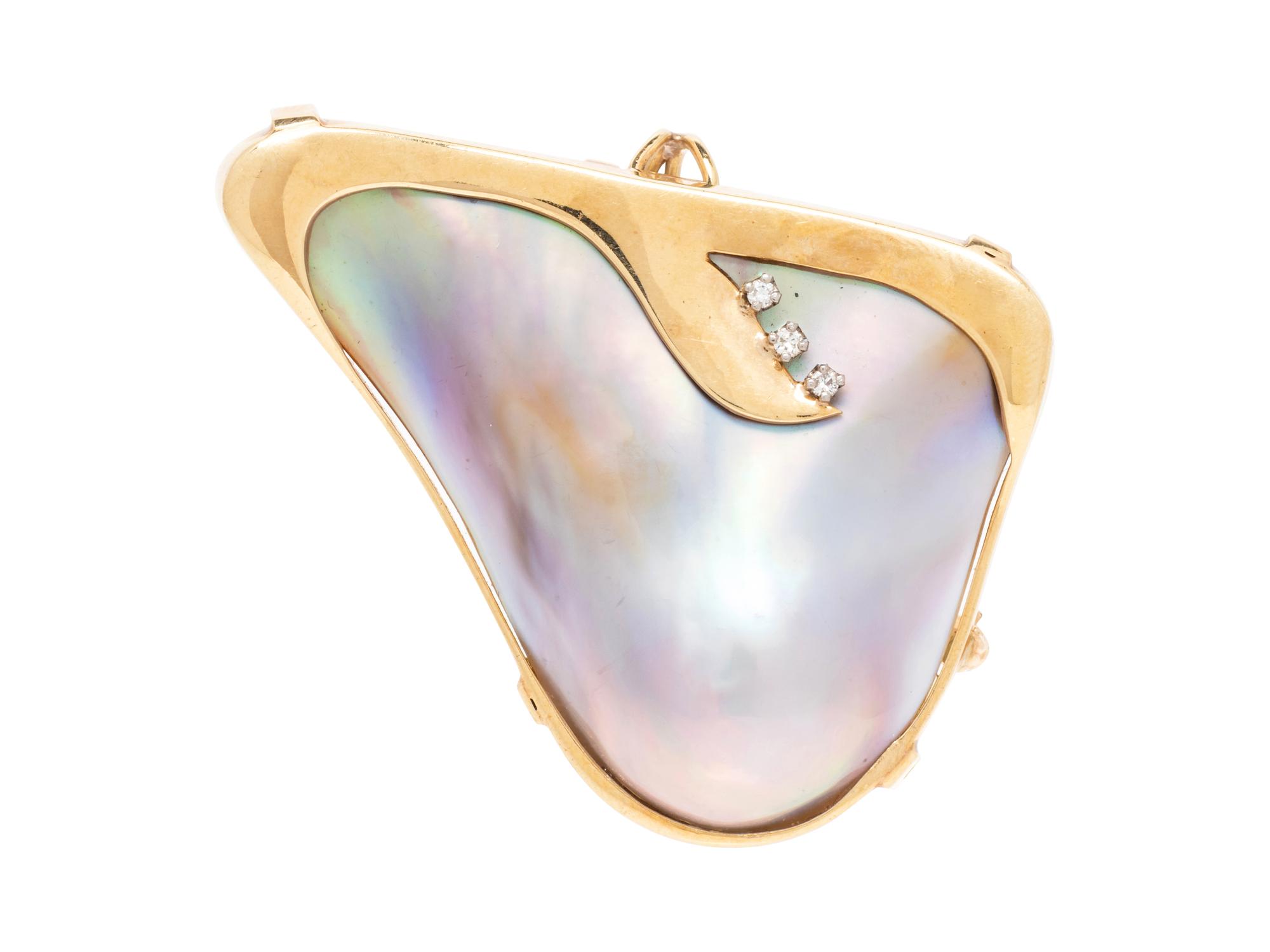 A 14 Karat Yellow Gold, Mother-of-Pearl and Diamond Brooch,