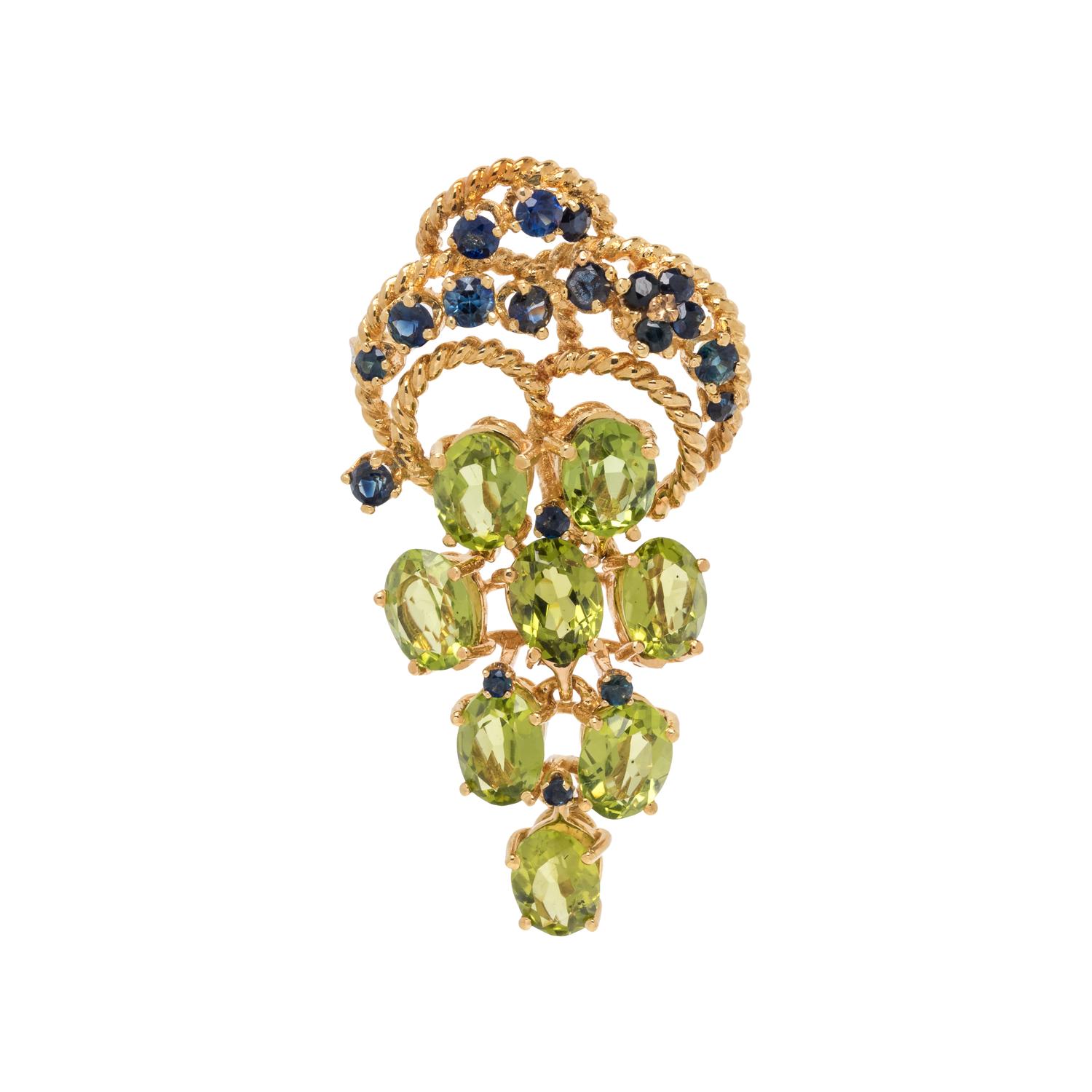 YELLOW GOLD, PERIDOT AND SAPPHIRE BROOCH