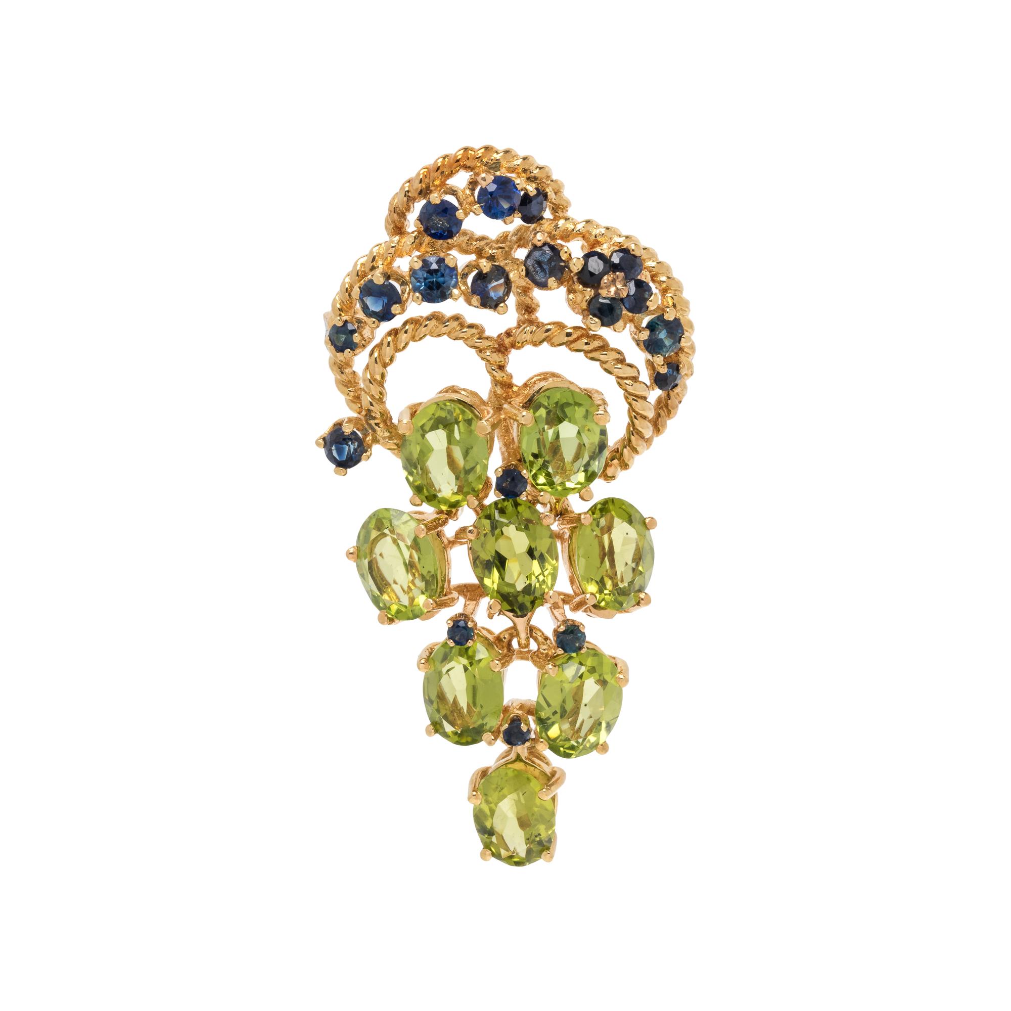 YELLOW GOLD, PERIDOT AND SAPPHIRE BROOCH