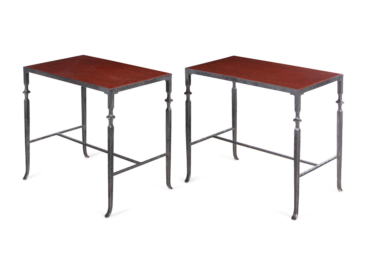 A Pair of Contemporary Steel Side Tables with Inset Painted Tops