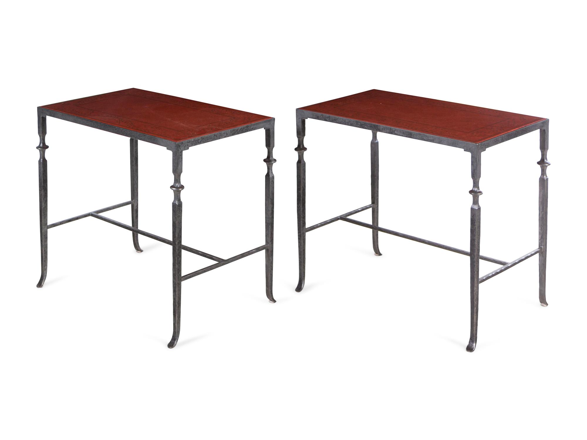 A Pair of Contemporary Steel Side Tables with Inset Painted Tops