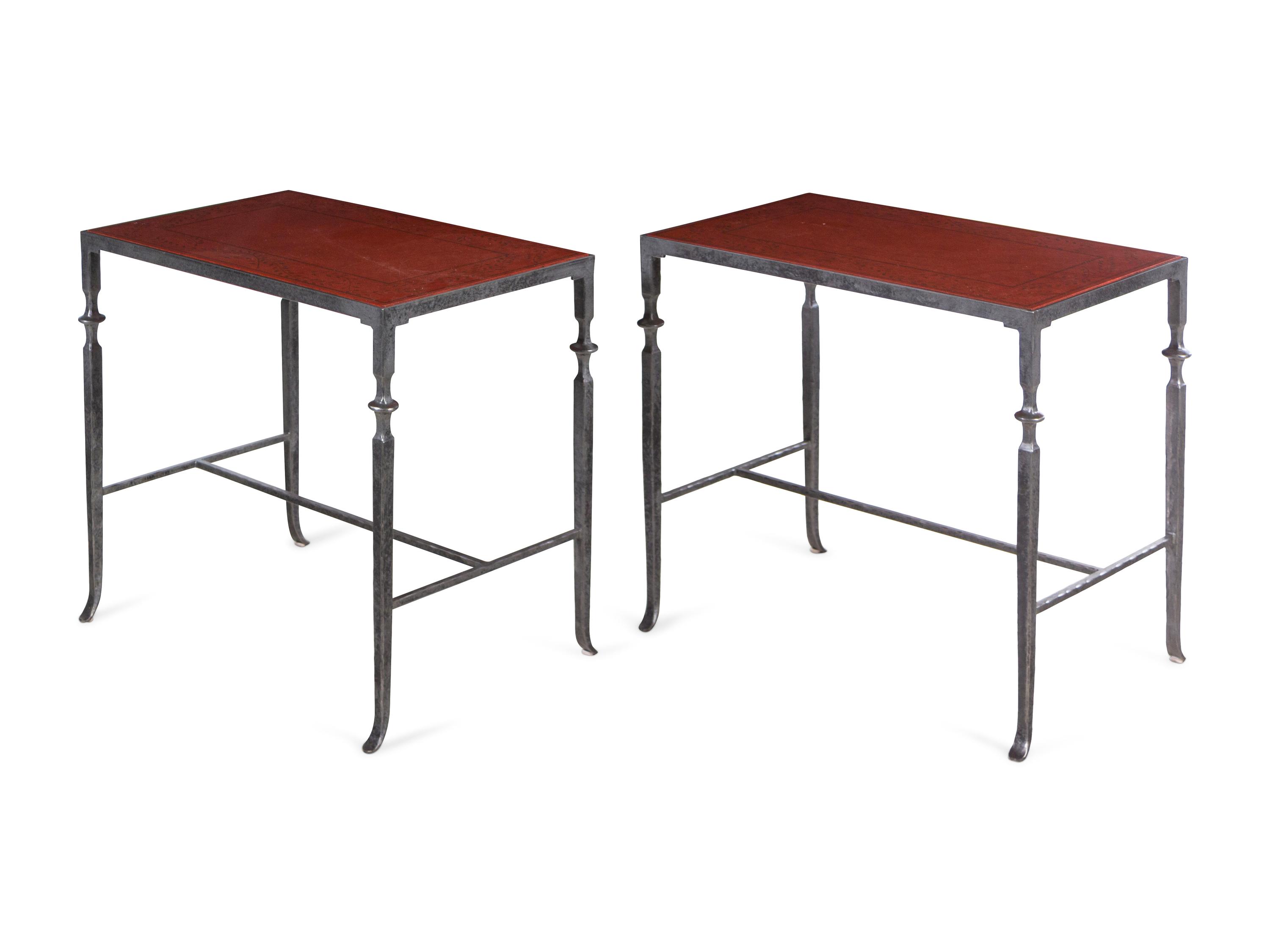 A Pair of Contemporary Steel Side Tables with Inset Painted Tops