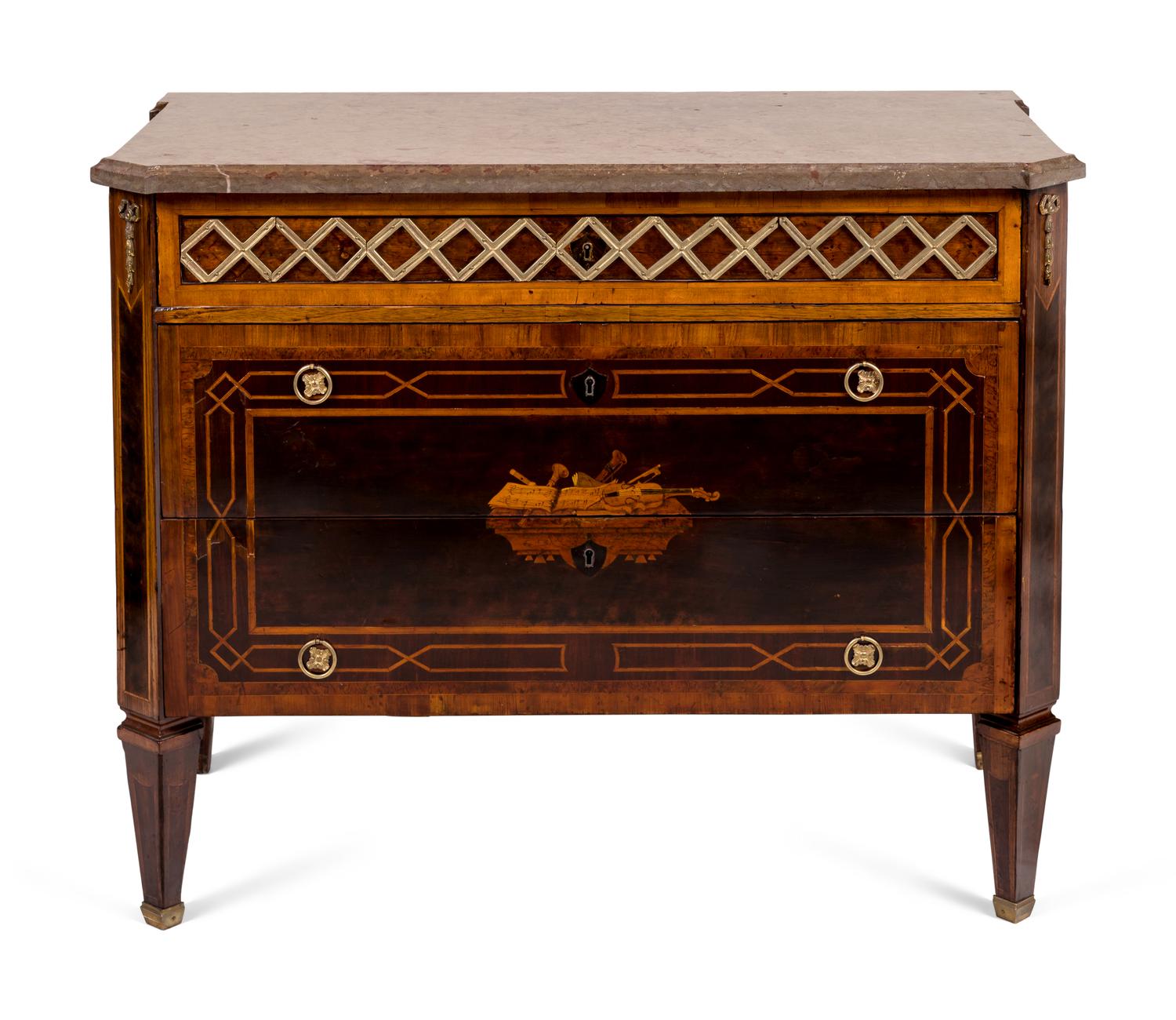 A Swedish Gilt Bronze Mounted Marquetry Marble-Top Commode