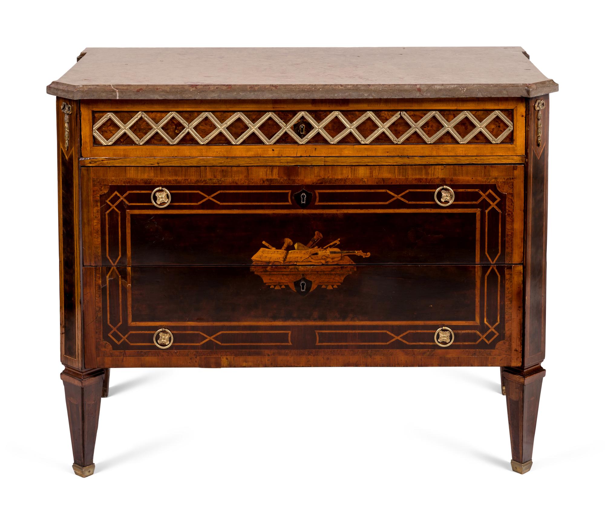 A Swedish Gilt Bronze Mounted Marquetry Marble-Top Commode