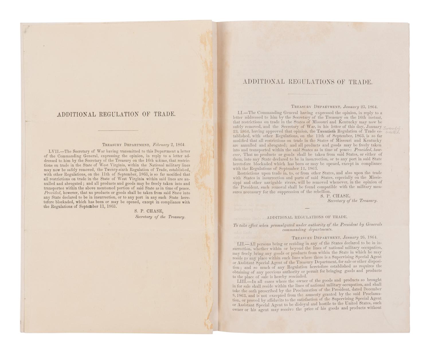 LINCOLN, Abraham (1809-1865). Additional Regulations concerning Commercial Intercourse with and in States Declared in Insurrection . January 26, 1864. N.p., n.p., 1864.