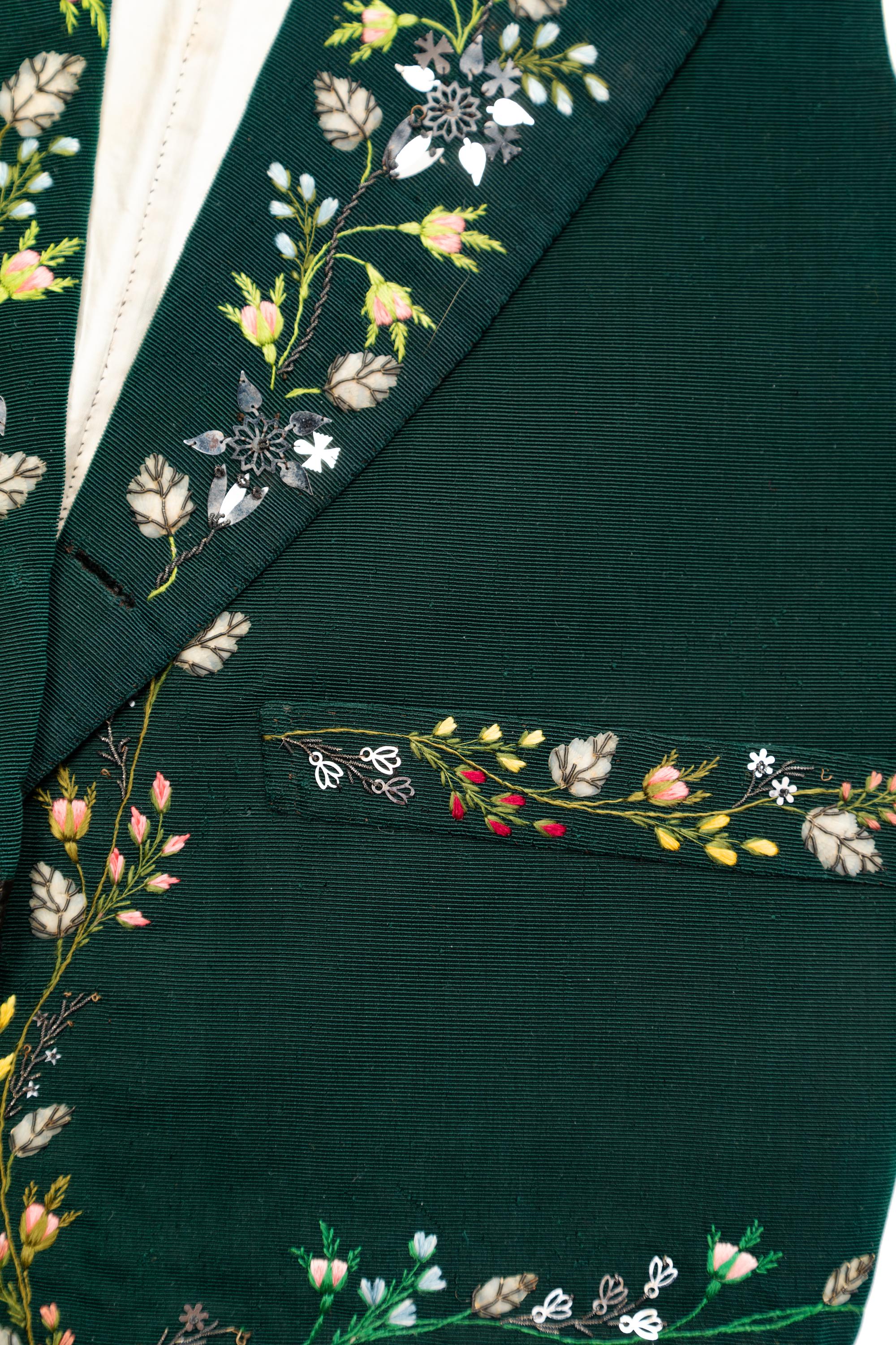 Men's Embroidered Green Ribbed Silk Waistcoat, 1830s