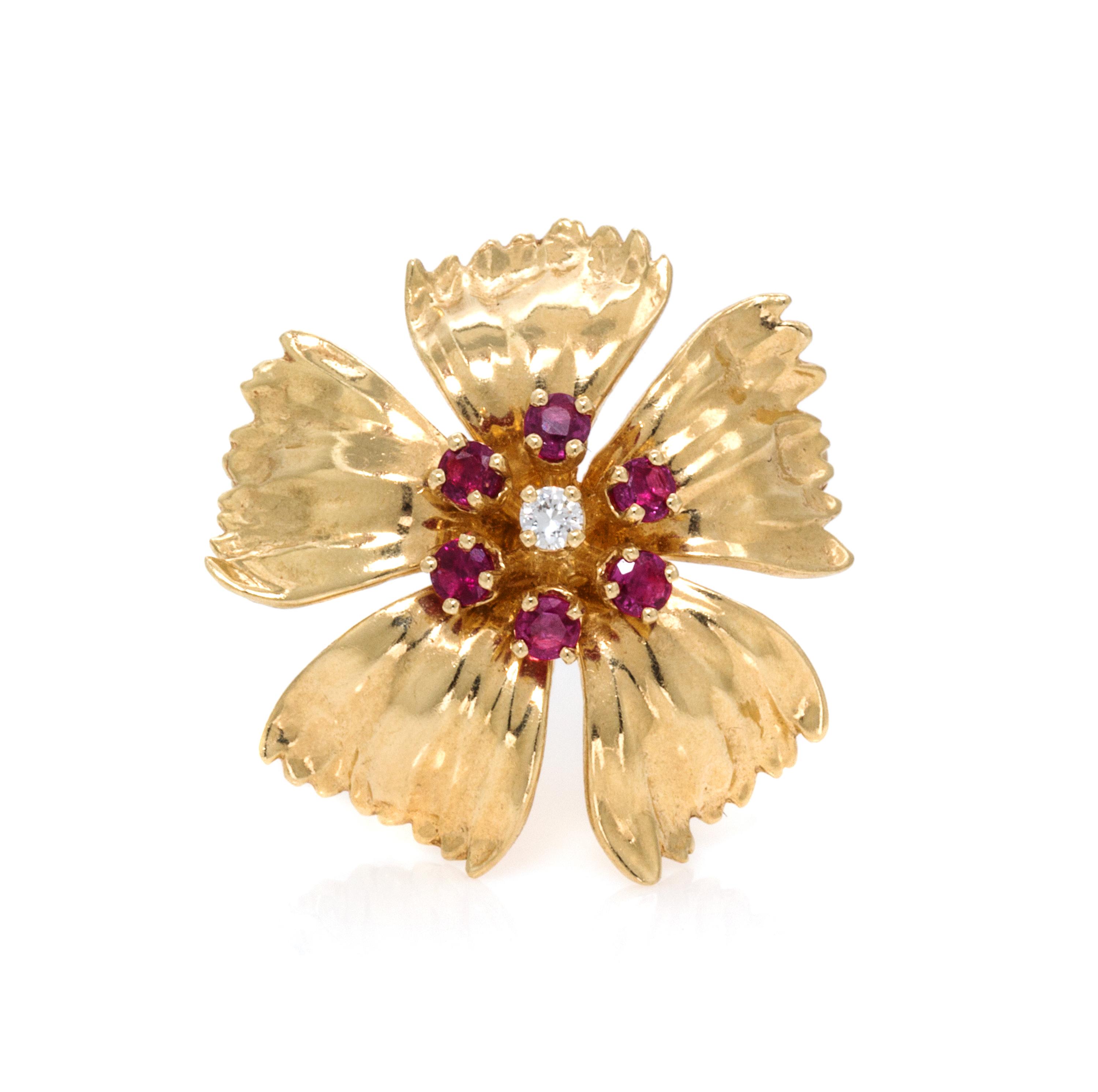 A 14 Karat Yellow Gold, Ruby and Diamond Brooch, Dankner, 4.50 dwts.