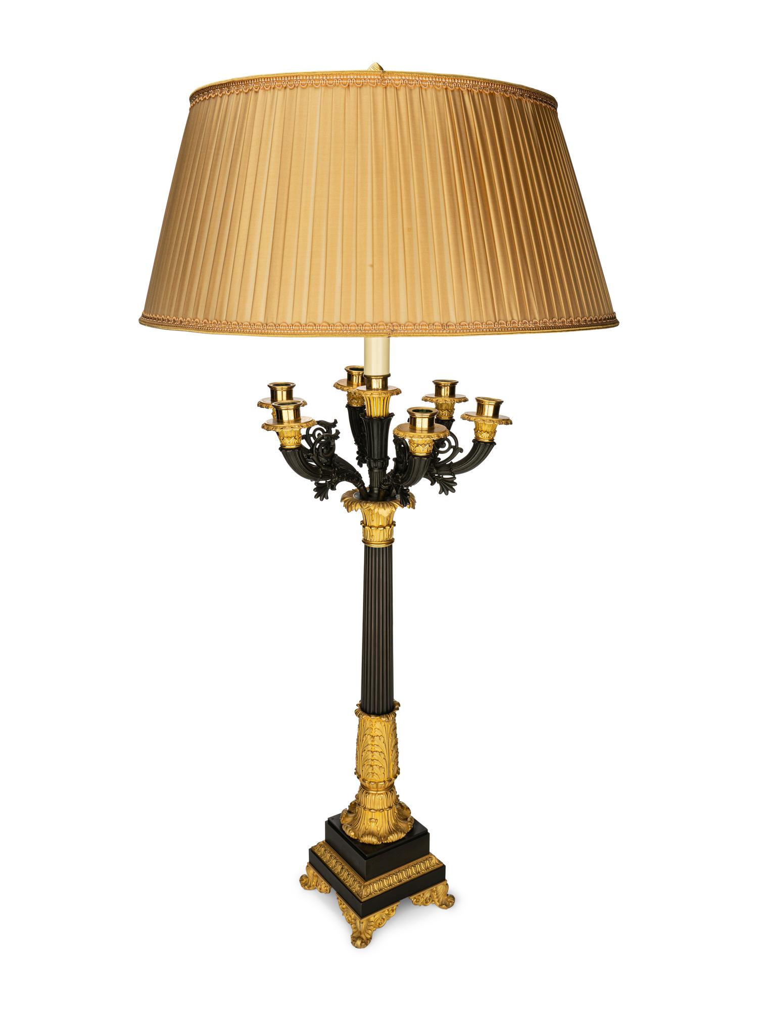 A Pair of Louis Philippe Gilt and Patinated Bronze Seven-Light Candelabra