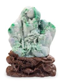 A Large Chinese Export Carved Lavender and Green Jadeite Mountain