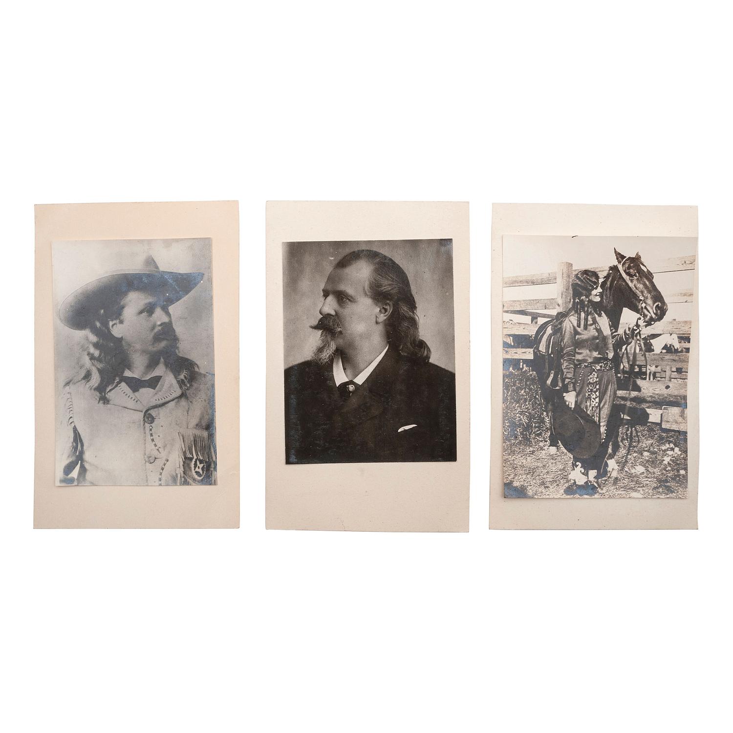 [WILD WEST SHOWS]. A group of 7 photographs and 2 real photo postcards of Buffalo Bill Cody from an album, comprising: