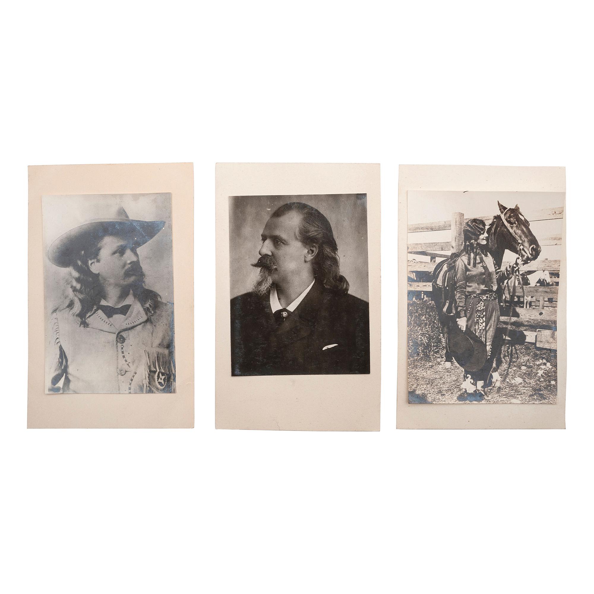 [WILD WEST SHOWS]. A group of 7 photographs and 2 real photo postcards of Buffalo Bill Cody from an album, comprising: