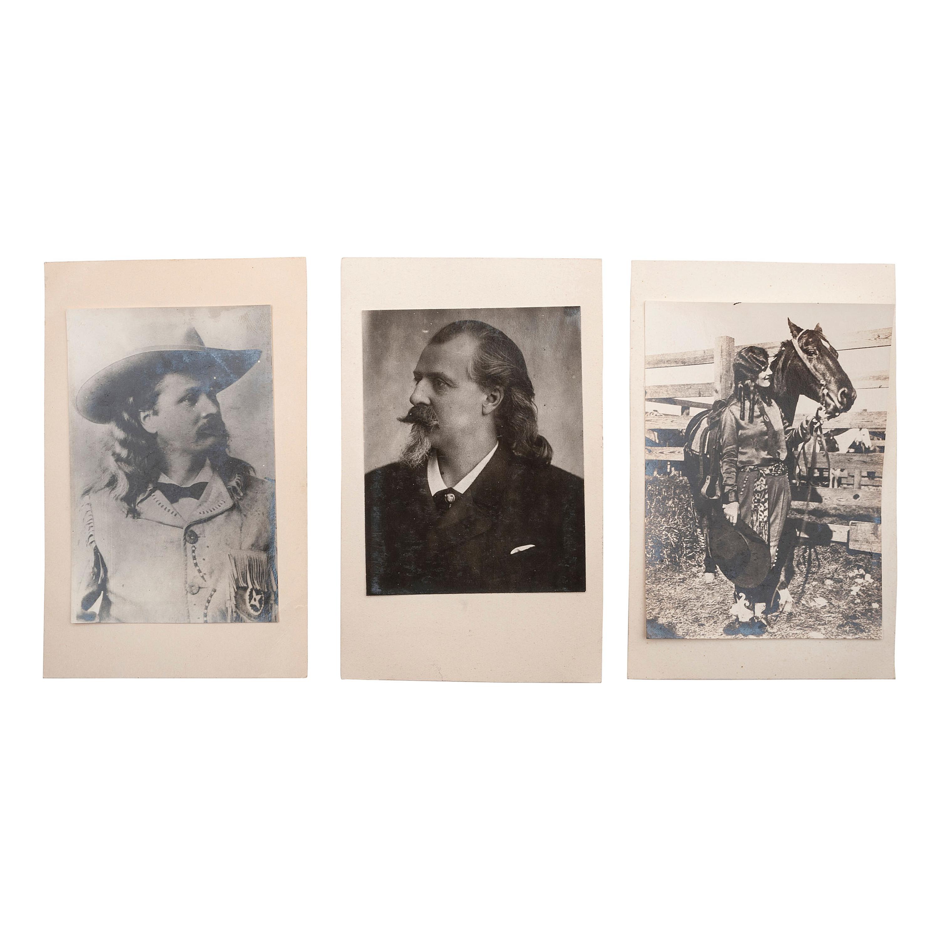 [WILD WEST SHOWS]. A group of 7 photographs and 2 real photo postcards of Buffalo Bill Cody from an album, comprising: