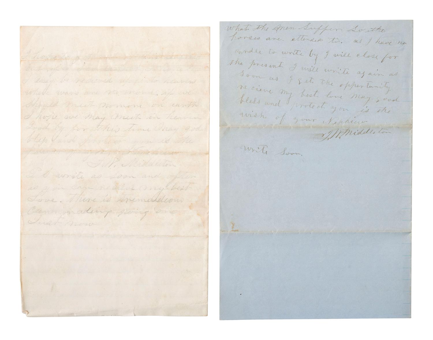 [CIVIL WAR]. A group of 3 ALsS from Private John W. Middleton, 27th Virginia Infantry, "Stonewall Brigade," including description of the Battle of Chancellorsville. Various locations, 1862-1863.