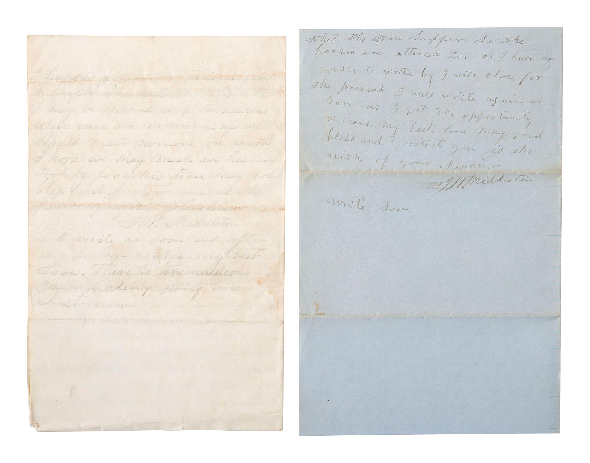 [CIVIL WAR]. A group of 3 ALsS from Private John W. Middleton, 27th Virginia Infantry, "Stonewall Brigade," including description of the Battle of Chancellorsville. Various locations, 1862-1863.