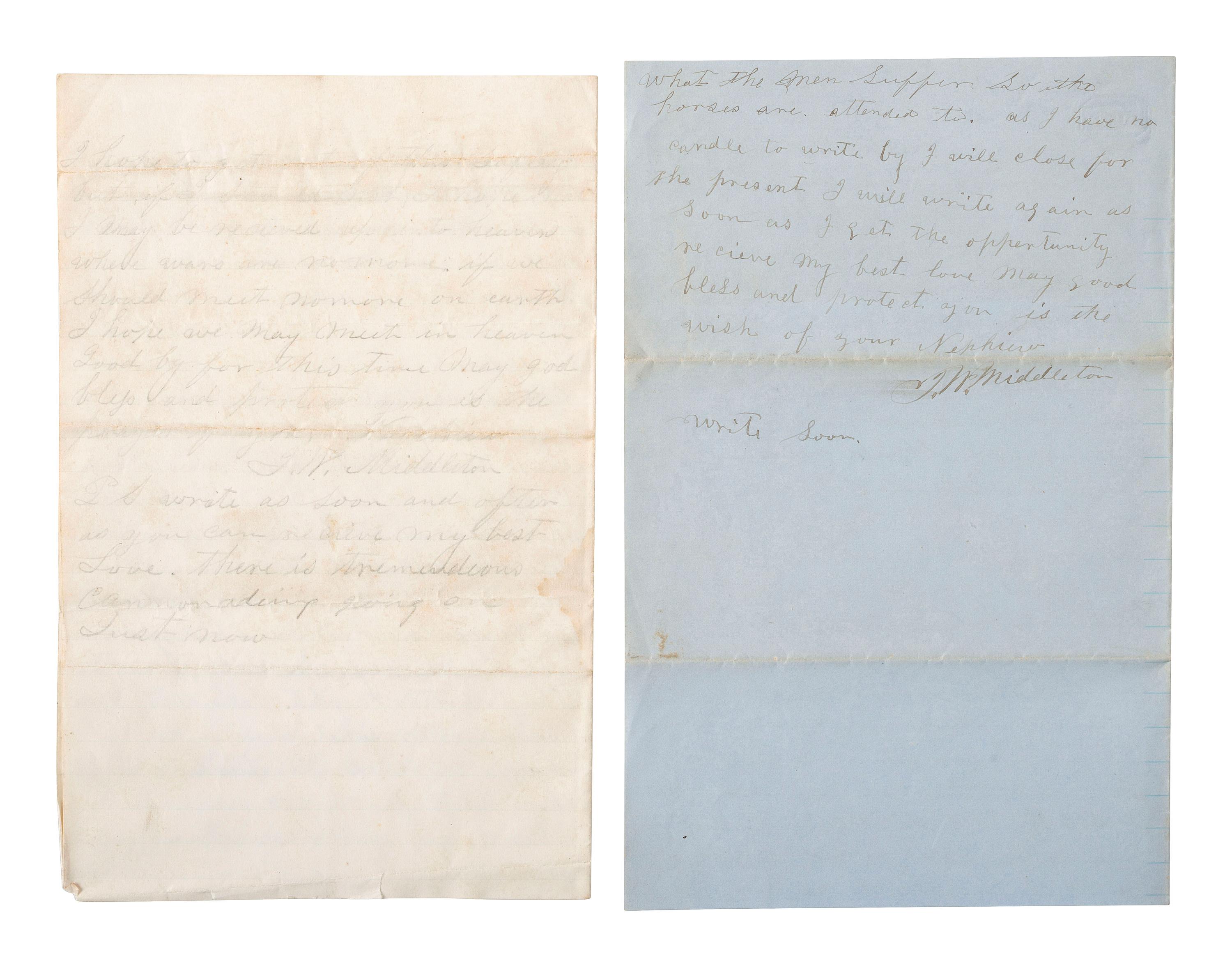 [CIVIL WAR]. A group of 3 ALsS from Private John W. Middleton, 27th Virginia Infantry, "Stonewall Brigade," including description of the Battle of Chancellorsville. Various locations, 1862-1863.