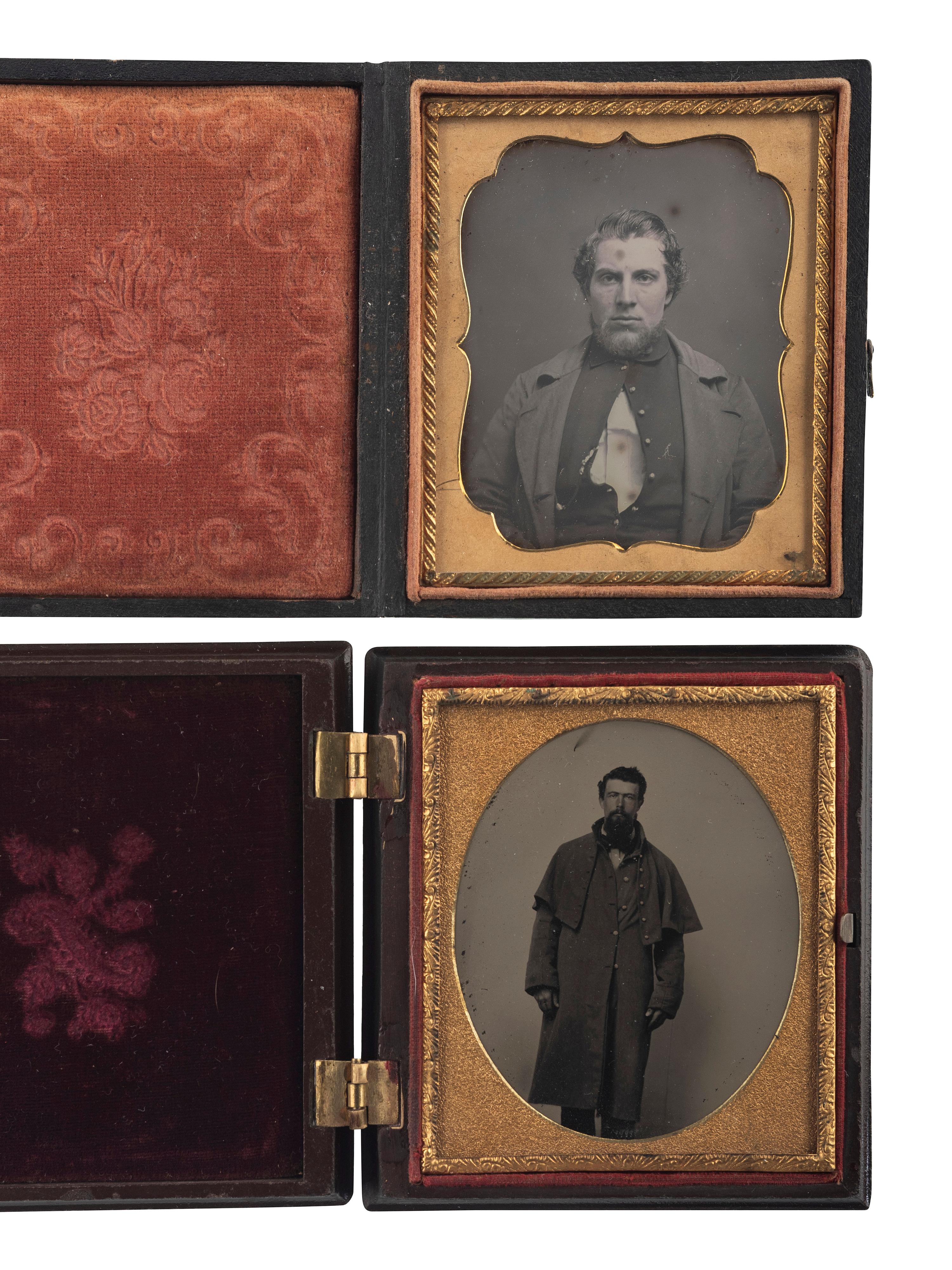 [CIVIL WAR - PHOTOGRAPHY]. 2 images including a sixth plate ruby ambrotype portrait of a bearded Union private housed in a patriotic union case.