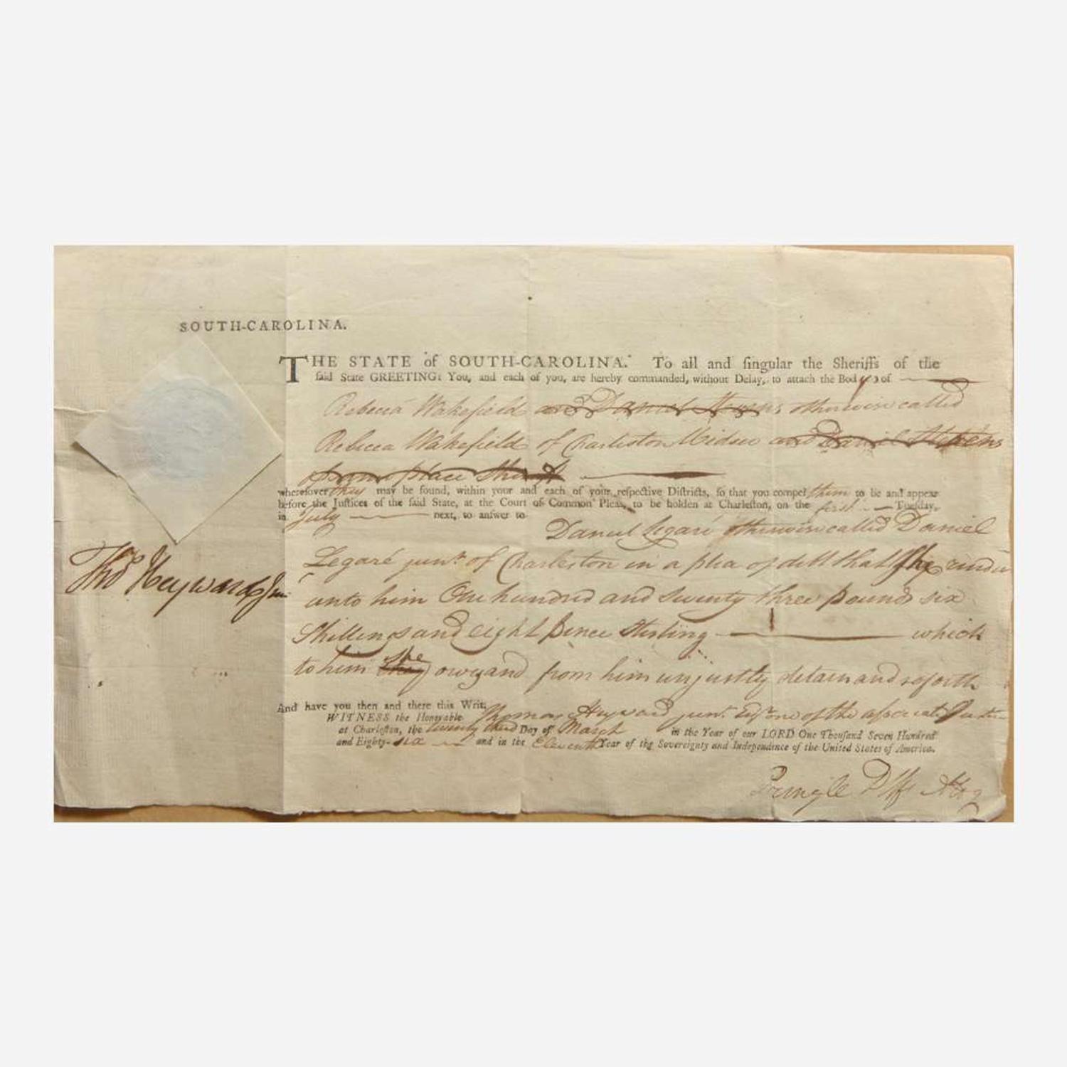 [Americana] [Declaration of Independence] Paine, Robert Treat, and Thomas Heyward Group of 2 Partially-Printed Documents, signed