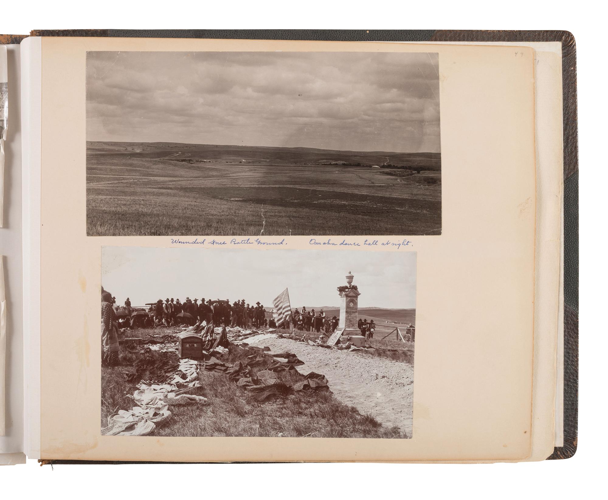 Exceptional album containing photographs of Pine Ridge Reservation and its surroundings, incl. Native American subjects, Indian schools, ceremonies, camp life, and Wounded Knee. Ca late 1890s-early 1900s.