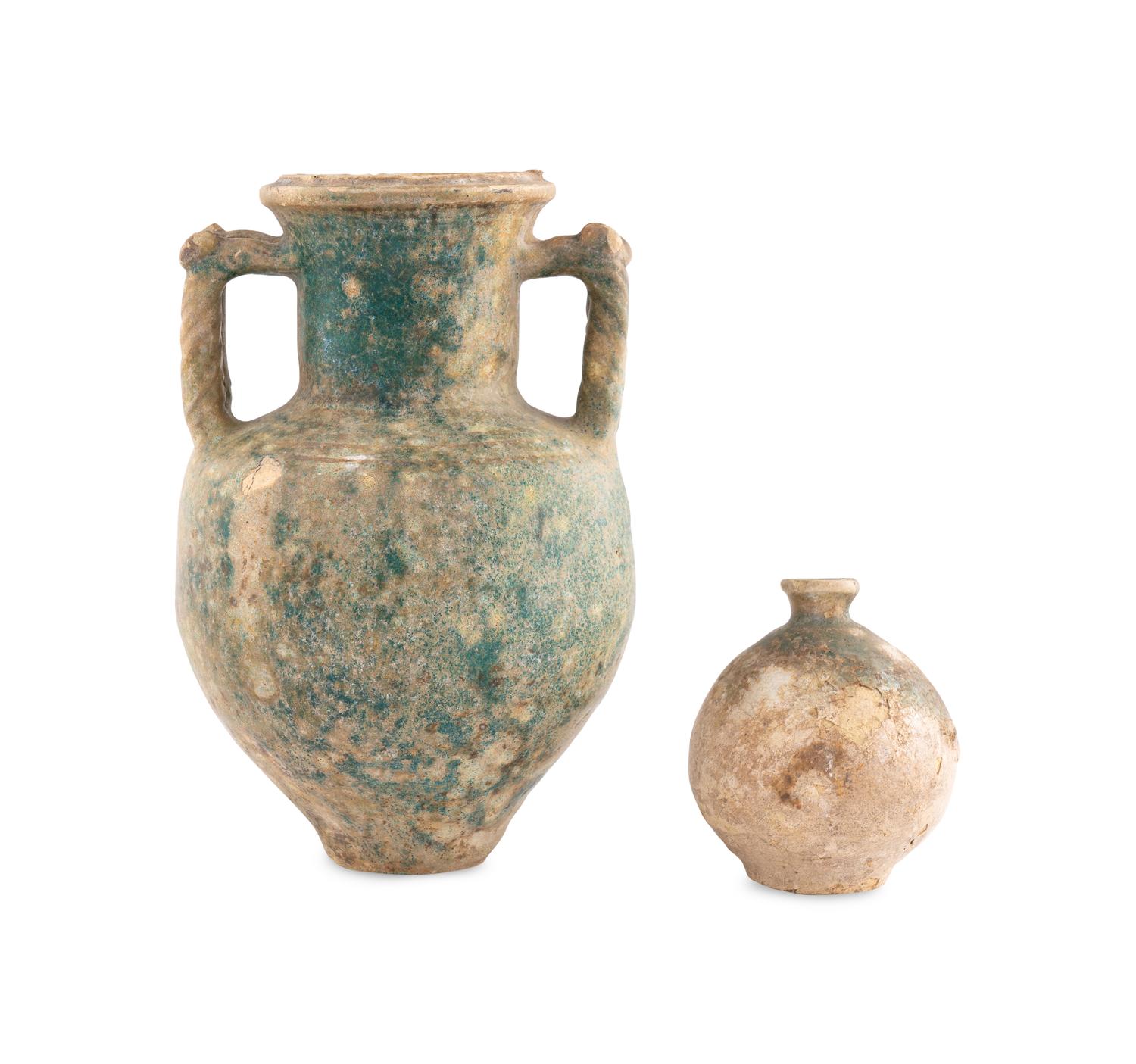 A Parthian Glazed Pottery Amphora and a Parthian or Sassanian Turquoise Glazed Pottery Vase