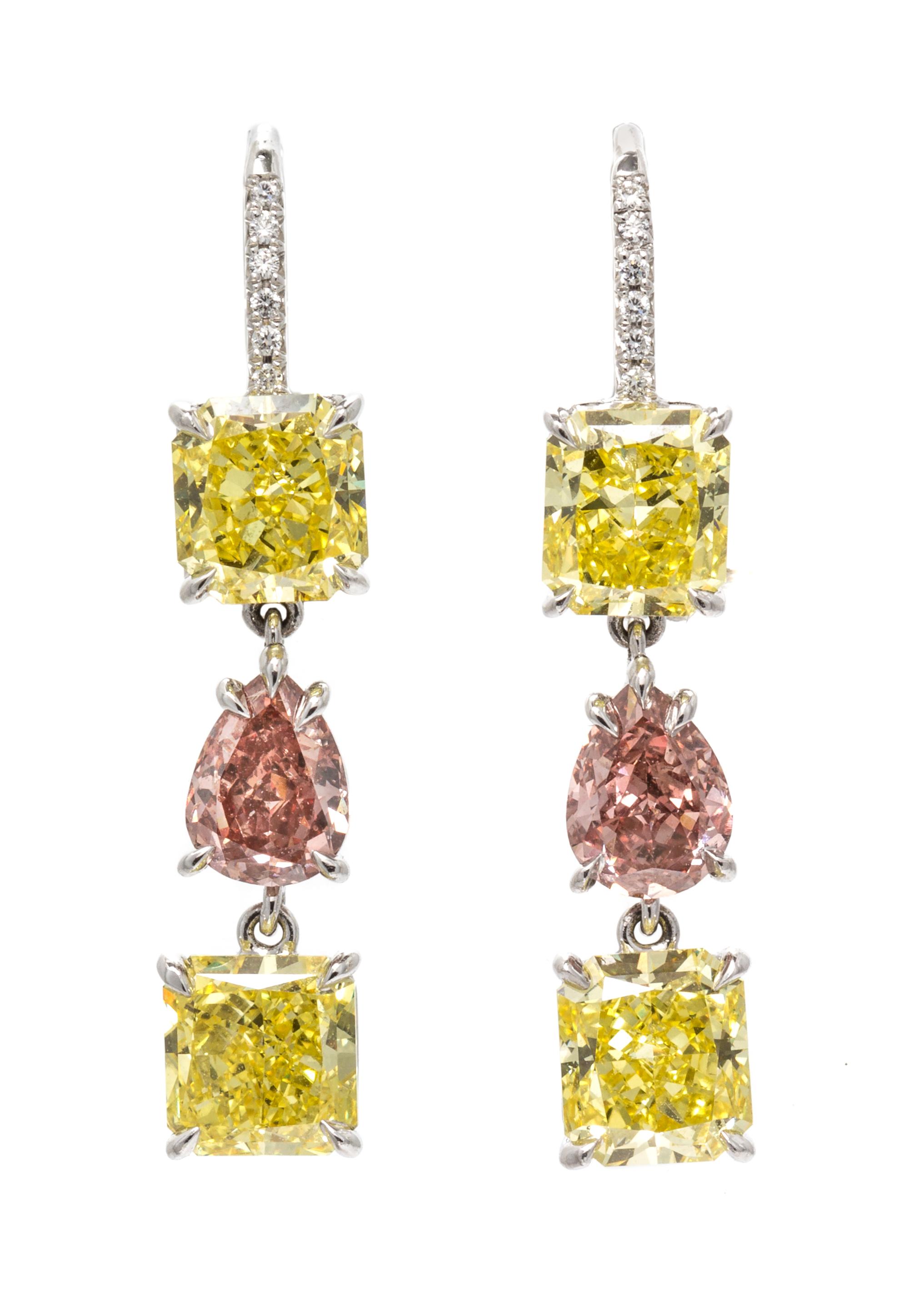 A Pair of Fine Platinum, Fancy Colored Diamond and Diamond Drop Earrings, 3.25 dwts.