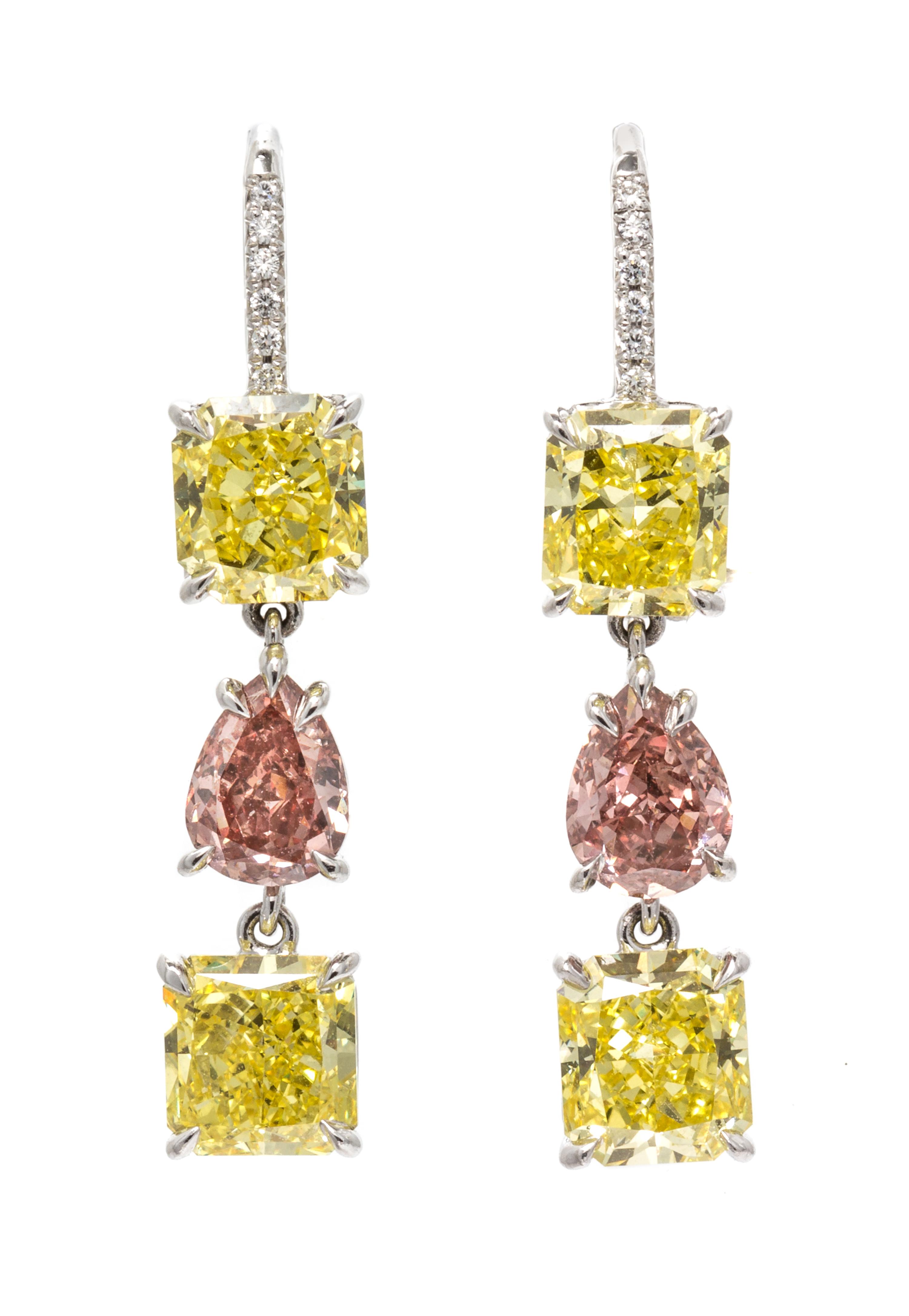 A Pair of Fine Platinum, Fancy Colored Diamond and Diamond Drop Earrings, 3.25 dwts.