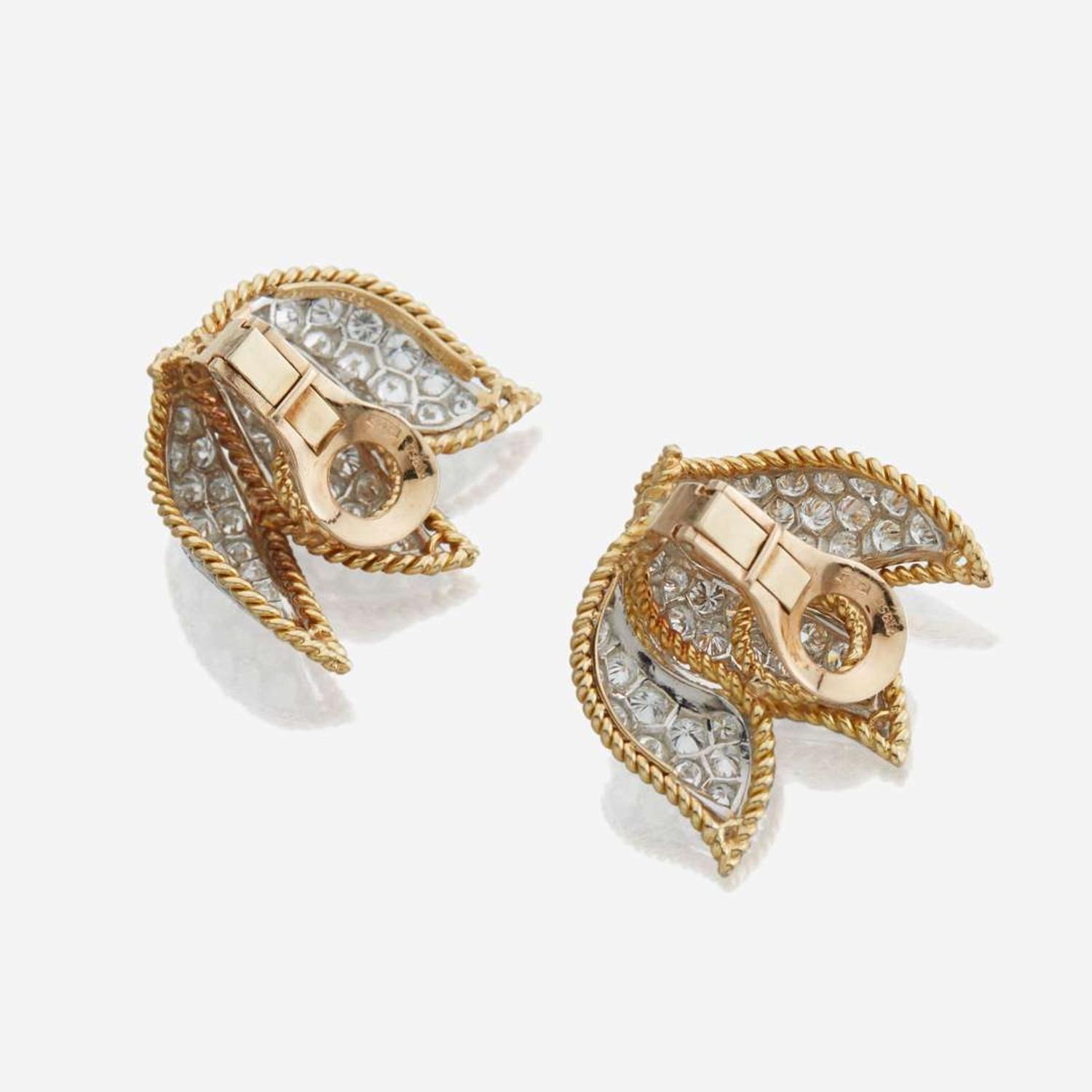 A pair of gold, platinum, and diamond ear clips, Tiffany & Co. Schlumberger