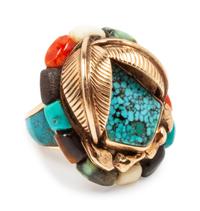 14k gold ring with turquoise, shell, and jet inlay