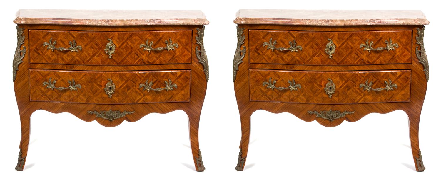 A Pair of Louis XVI Style Marquetry Bombe Commodes Height 35 x width 45 x depth 20 inches. — 19TH CENTURY