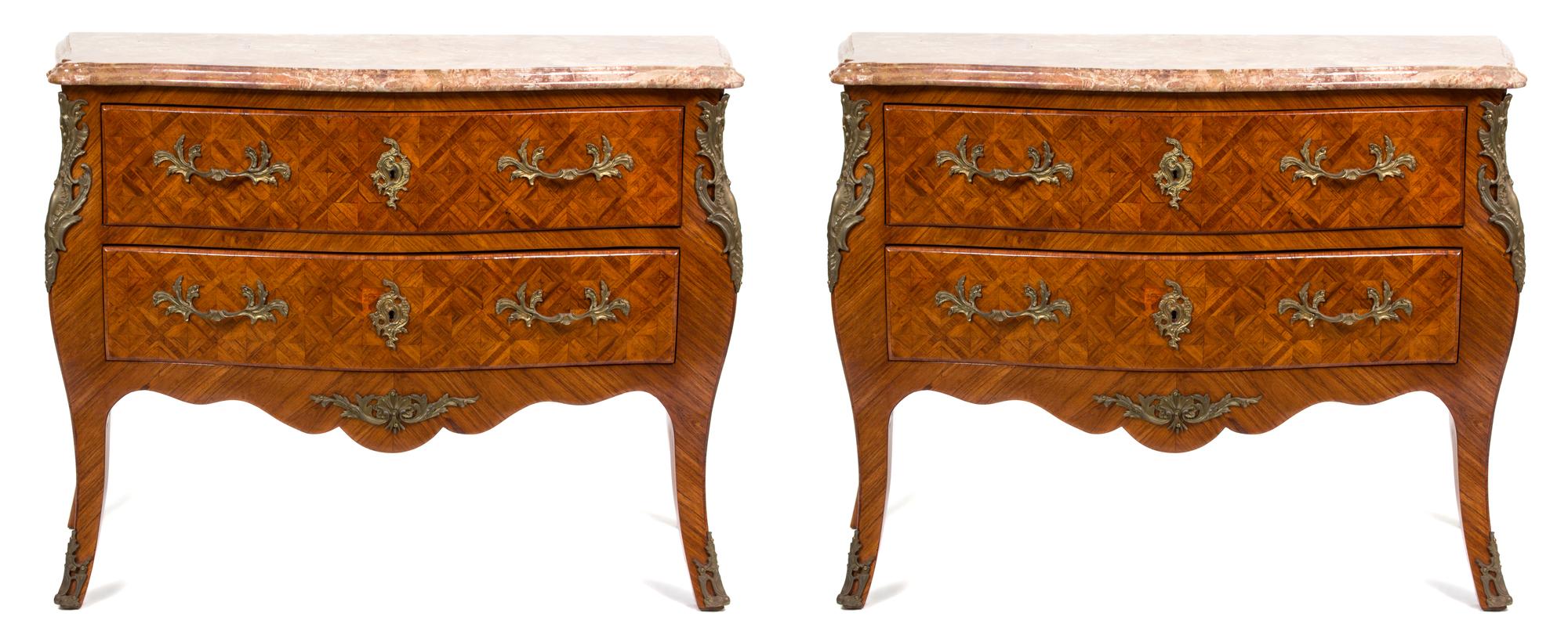 A Pair of Louis XVI Style Marquetry Bombe Commodes Height 35 x width 45 x depth 20 inches. — 19TH CENTURY