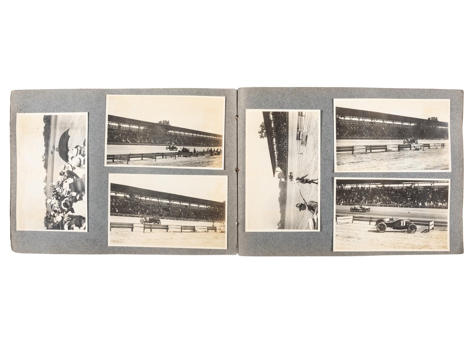 [EARLY PHOTOGRAPHY]. Album containing photographs of an early NASCAR race featuring future World War I Fighting Ace Eddie Rickenbacker.