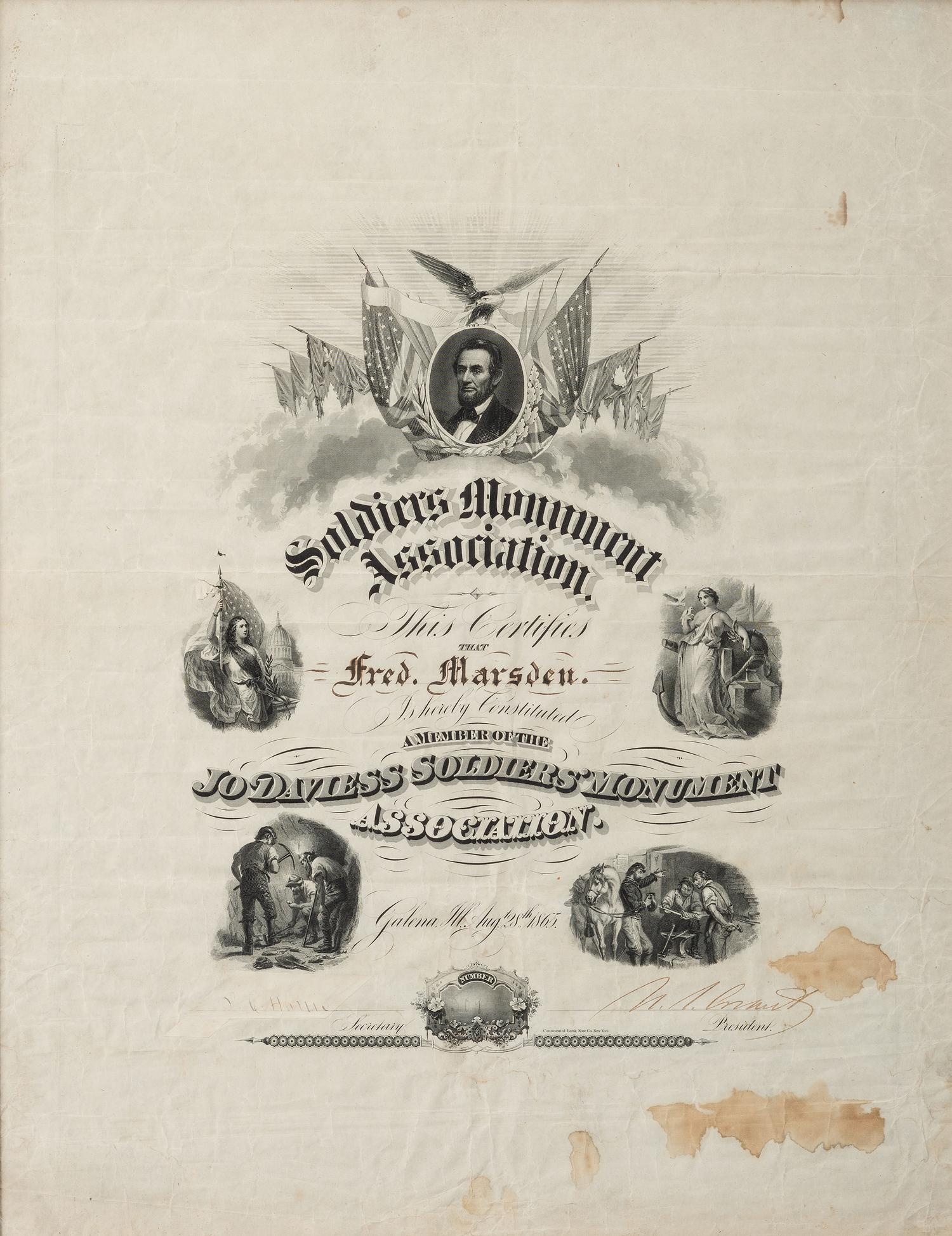 GRANT, Ulysses S. (1822-1885). Soldier's Monument Association document signed ("U.S. Grant"), as President of the United States. N.p., [1865].
