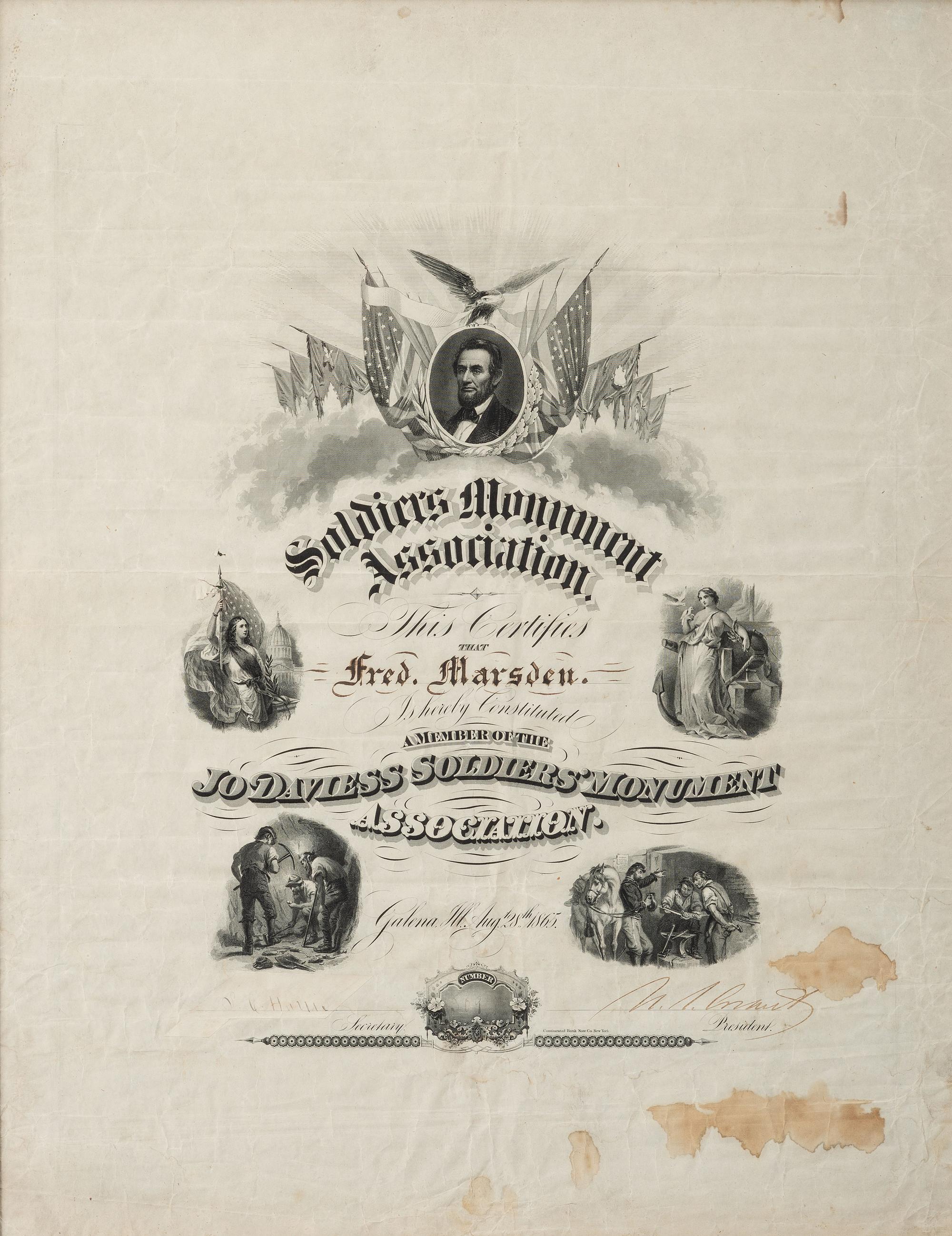 GRANT, Ulysses S. (1822-1885). Soldier's Monument Association document signed ("U.S. Grant"), as President of the United States. N.p., [1865].