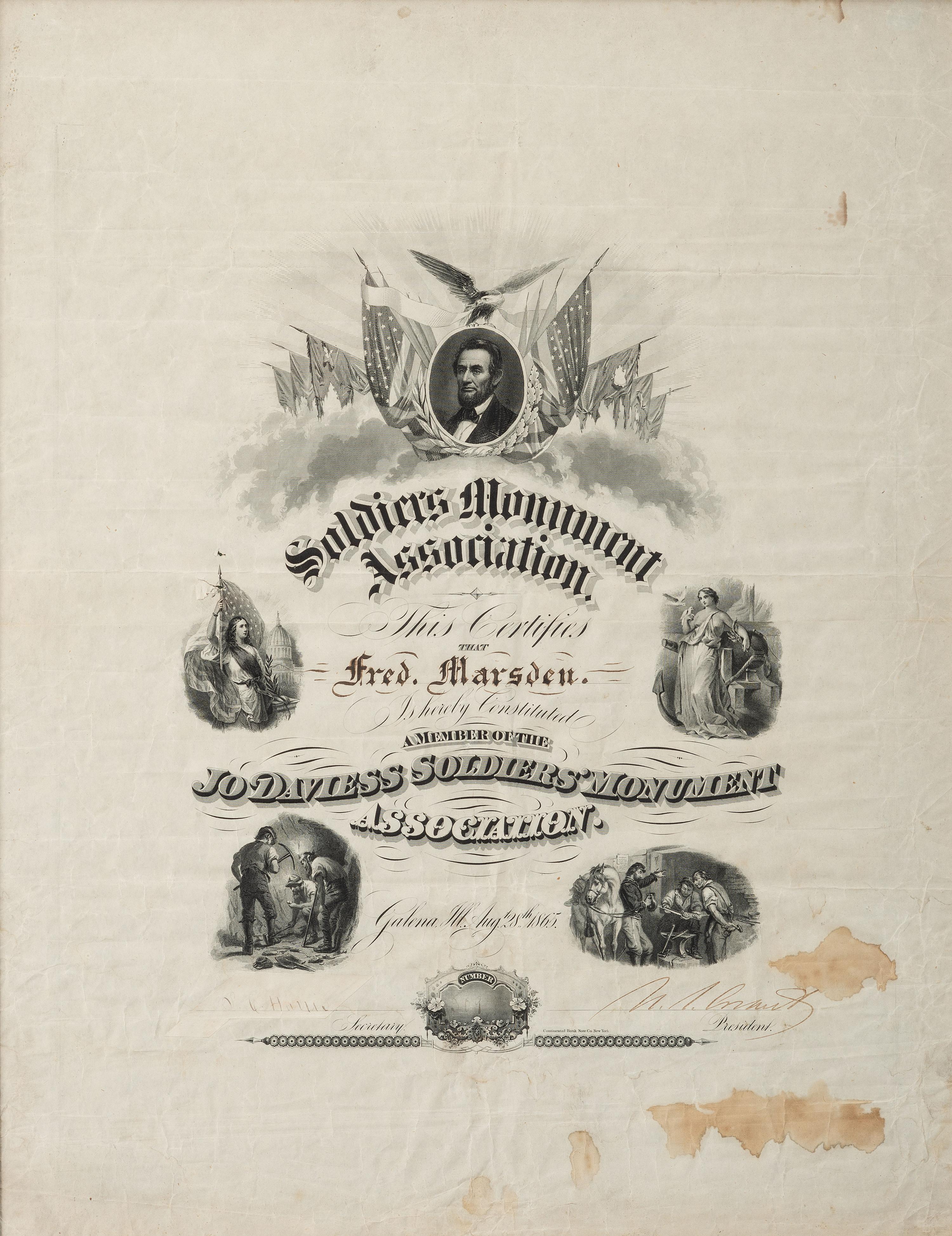 GRANT, Ulysses S. (1822-1885). Soldier's Monument Association document signed ("U.S. Grant"), as President of the United States. N.p., [1865].