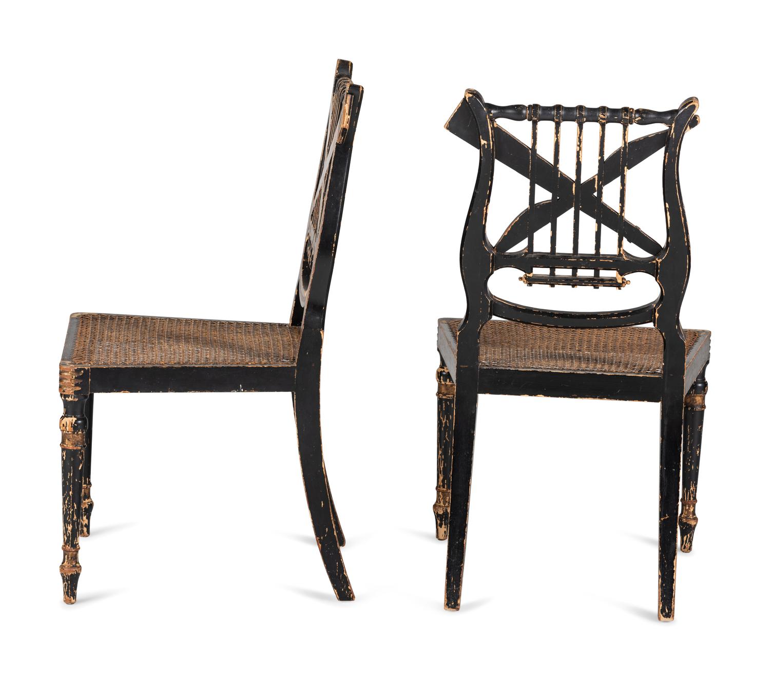 A Pair of Classical Gilt and Black Painted Lyre-Back Cane Upholstered Side Chairs